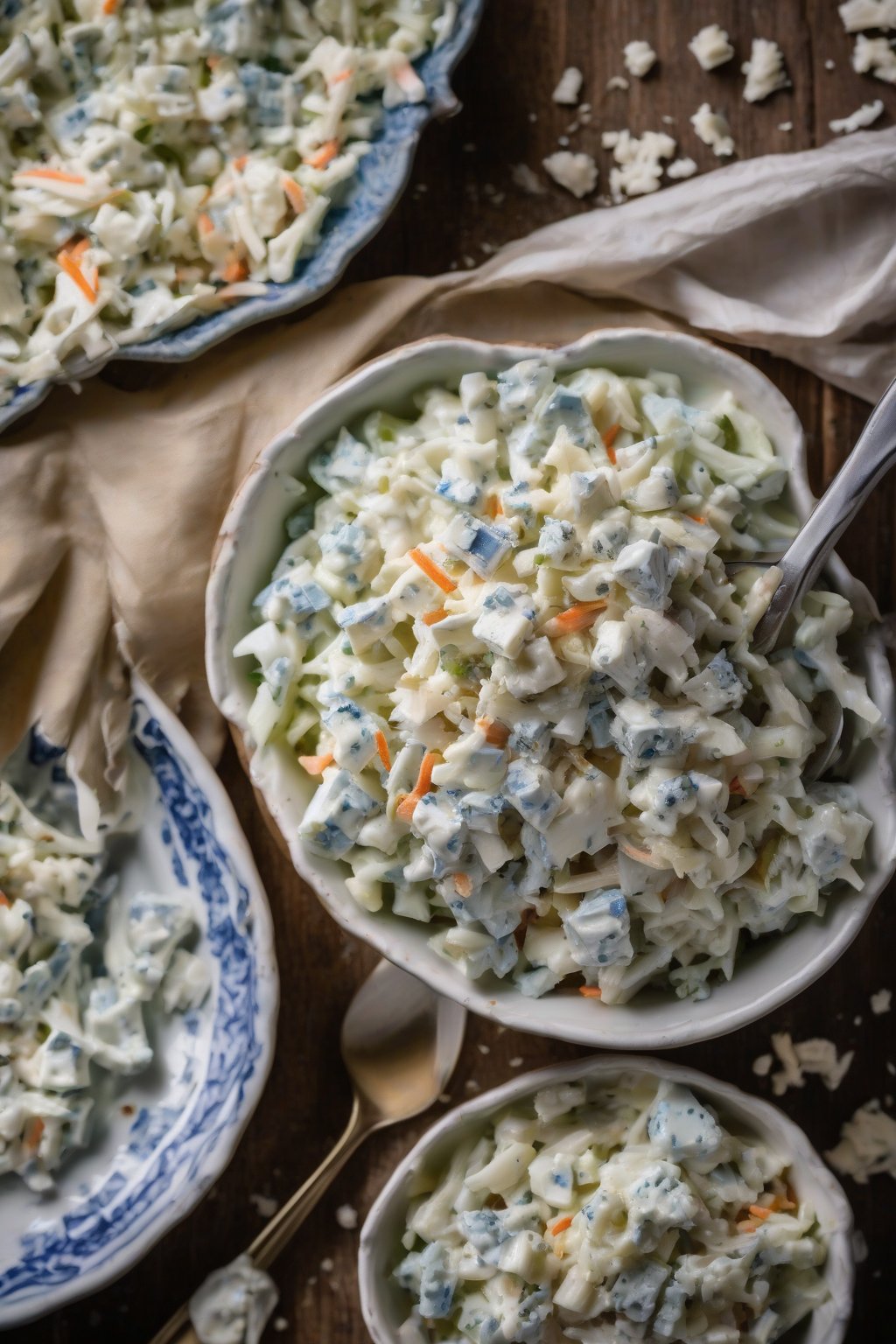A high-resolution photo of blue cheese coleslaw with chunky blue cheese crumbles, under soft lighting.