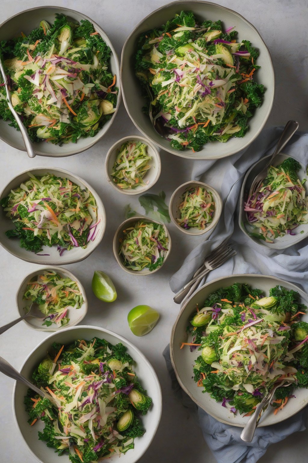 A high-resolution photo of kale Brussels sprouts coleslaw with vibrant green shreds, drizzled with tahini, under soft lighting.