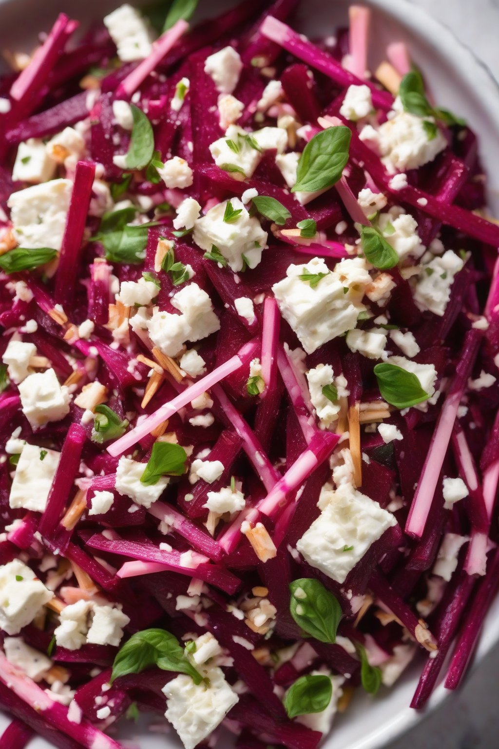 A high-resolution photo of beet feta coleslaw with pink beet matchsticks and white feta, under soft lighting.