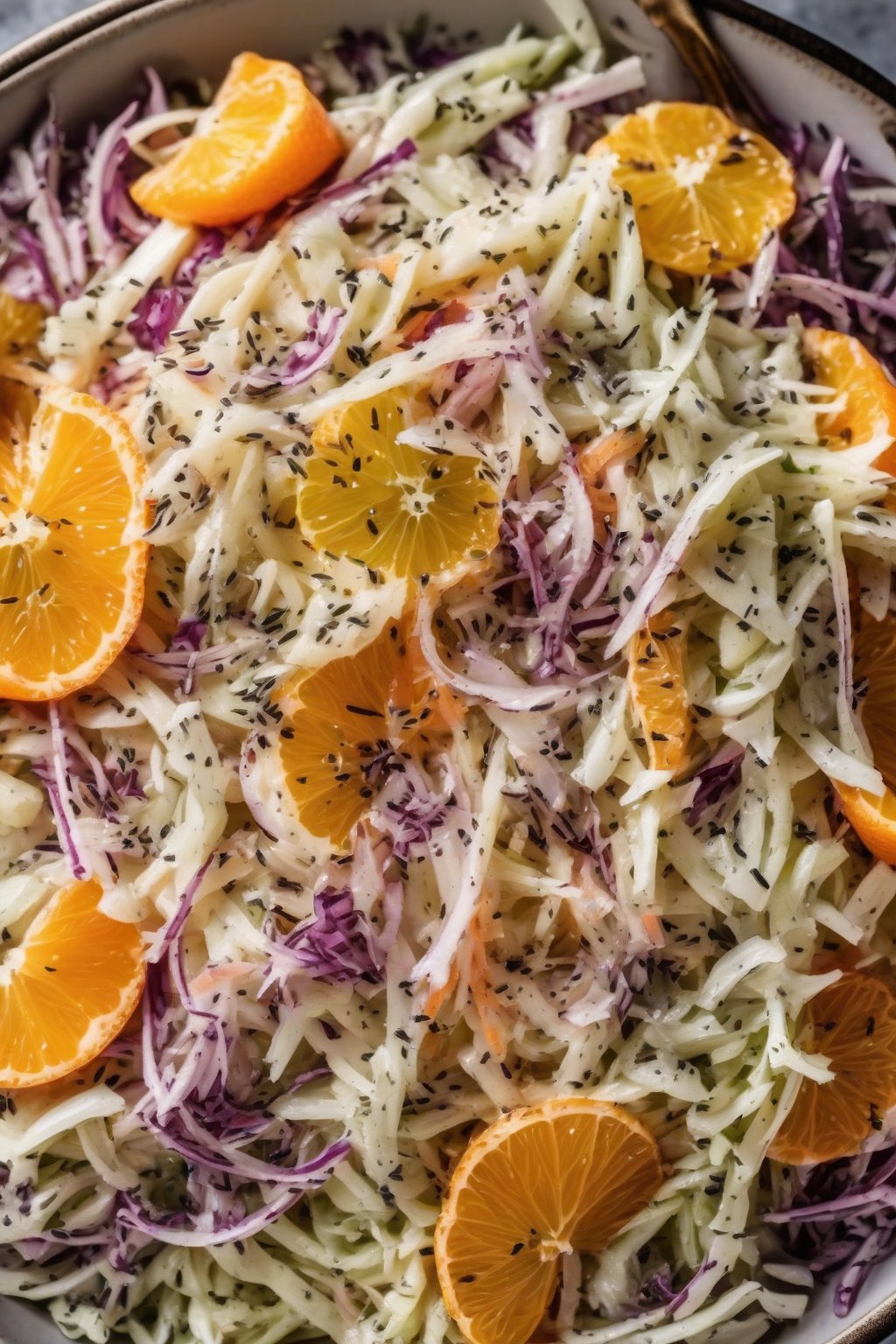 A high-resolution photo of citrus poppy seed coleslaw with orange segments and poppy seed flecks, under soft lighting.