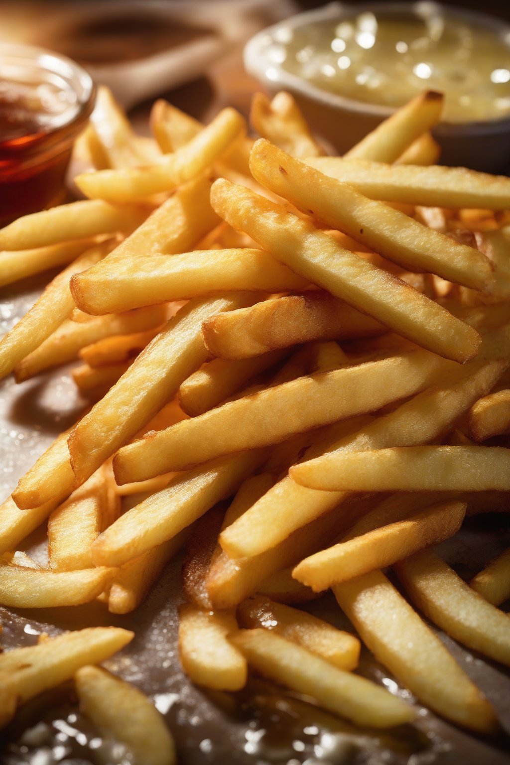 BA close-up photo of golden classic double-fried French fries piled high, glistening with oil under soft lighting.