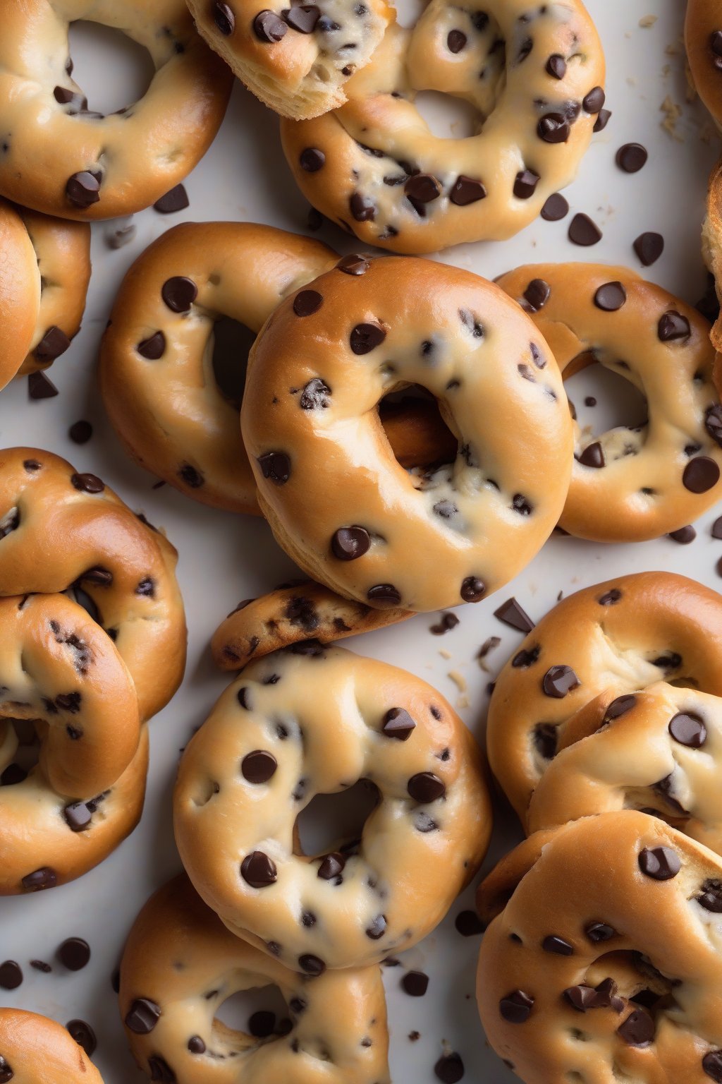 A high-resolution photo of chocolate chip bagels with melty chips under soft lighting.