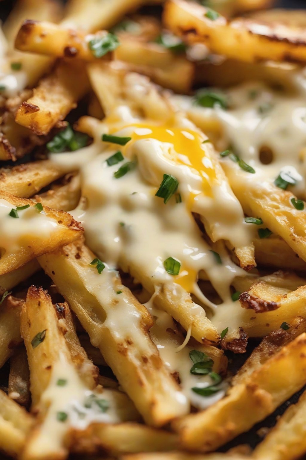 A close-up photo of air fryer garlic Parmesan fries topped with melted cheese under soft lighting.