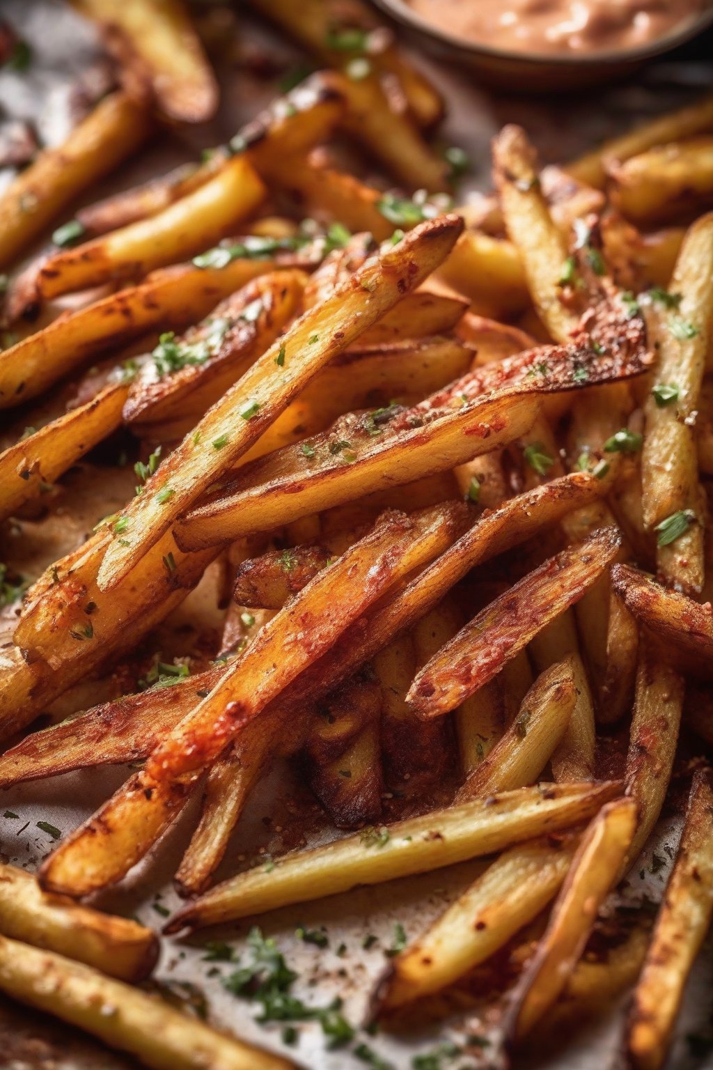 A close-up photo of spicy Cajun oven-baked fries dusted with red seasoning under soft lighting.