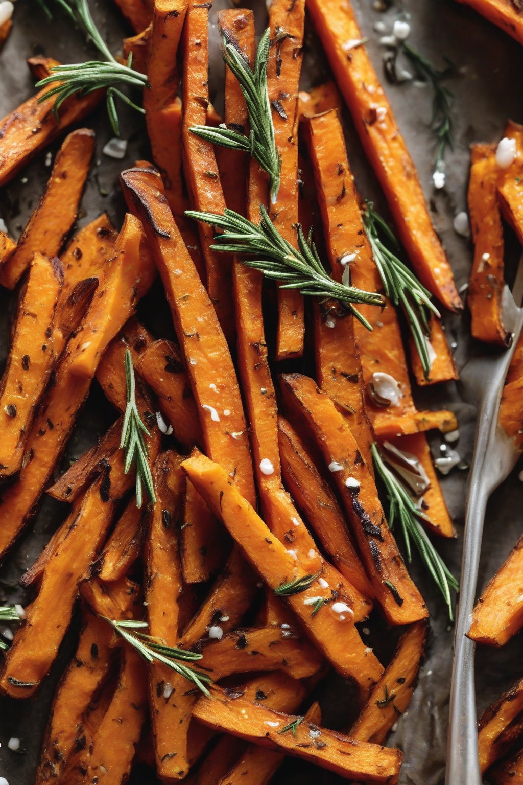 A close-up photo of truffle oil sweet potato fries with rosemary sprigs under soft lighting.