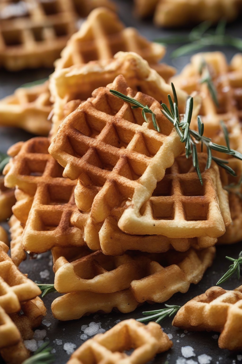 A close-up photo of rosemary sea salt waffle fries stacked crisply under soft lighting.