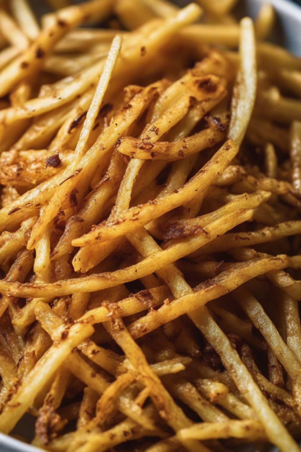 A close-up photo of golden curry-spiced shoestring fries with spice dusting under soft lighting.