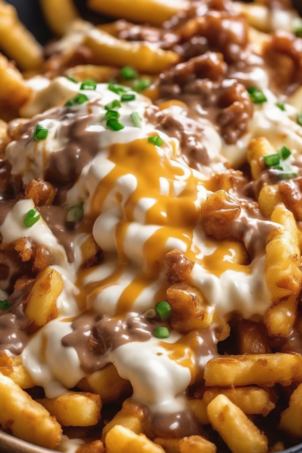 A close-up photo of loaded cheese curd fries oozing gravy under soft lighting.