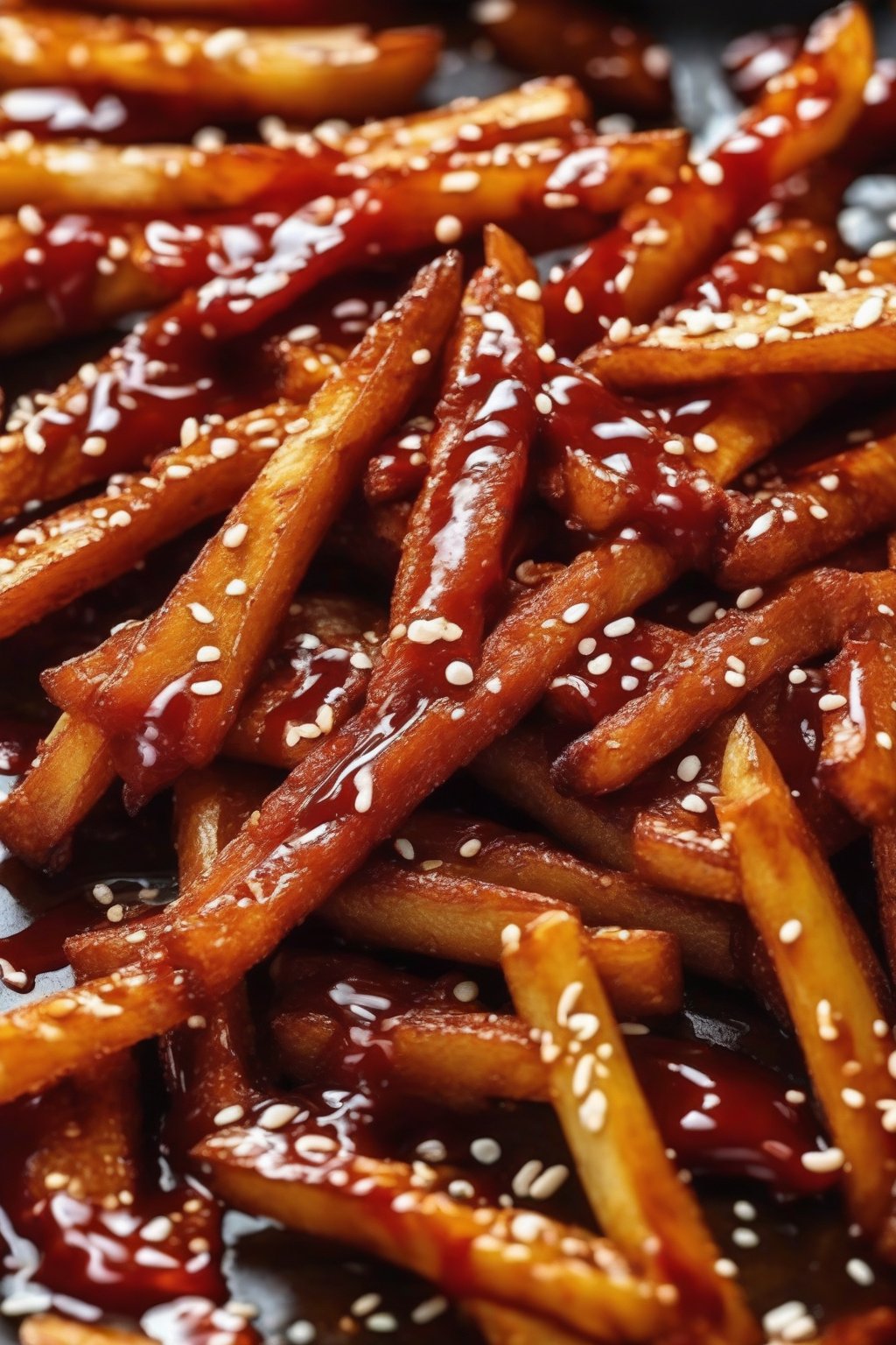 A close-up photo of glossy Korean gochujang glazed fries with sesame under soft lighting.