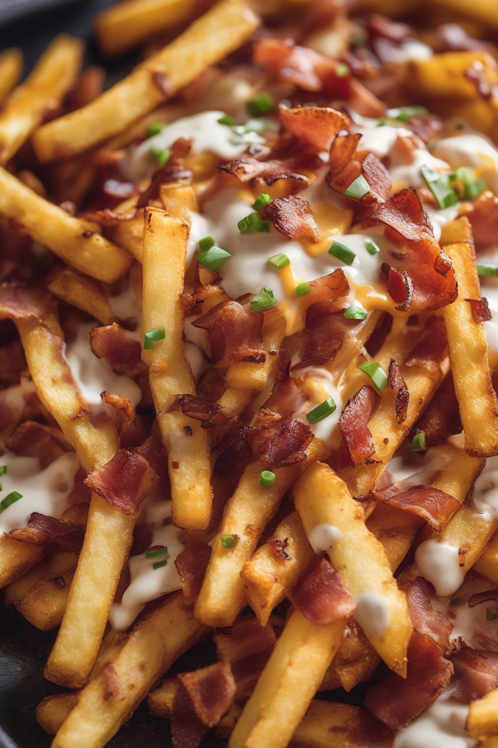 A close-up photo of BBQ bacon ranch fries topped generously under soft lighting.