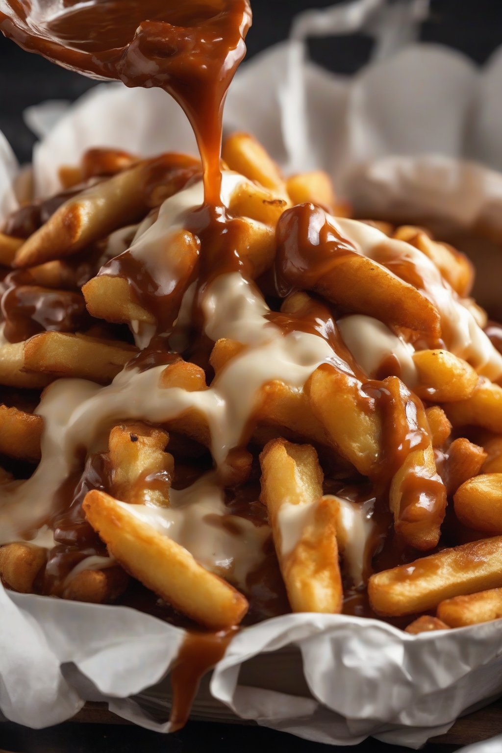 A close-up photo of poutine-style gravy fries with melting curds under soft lighting.