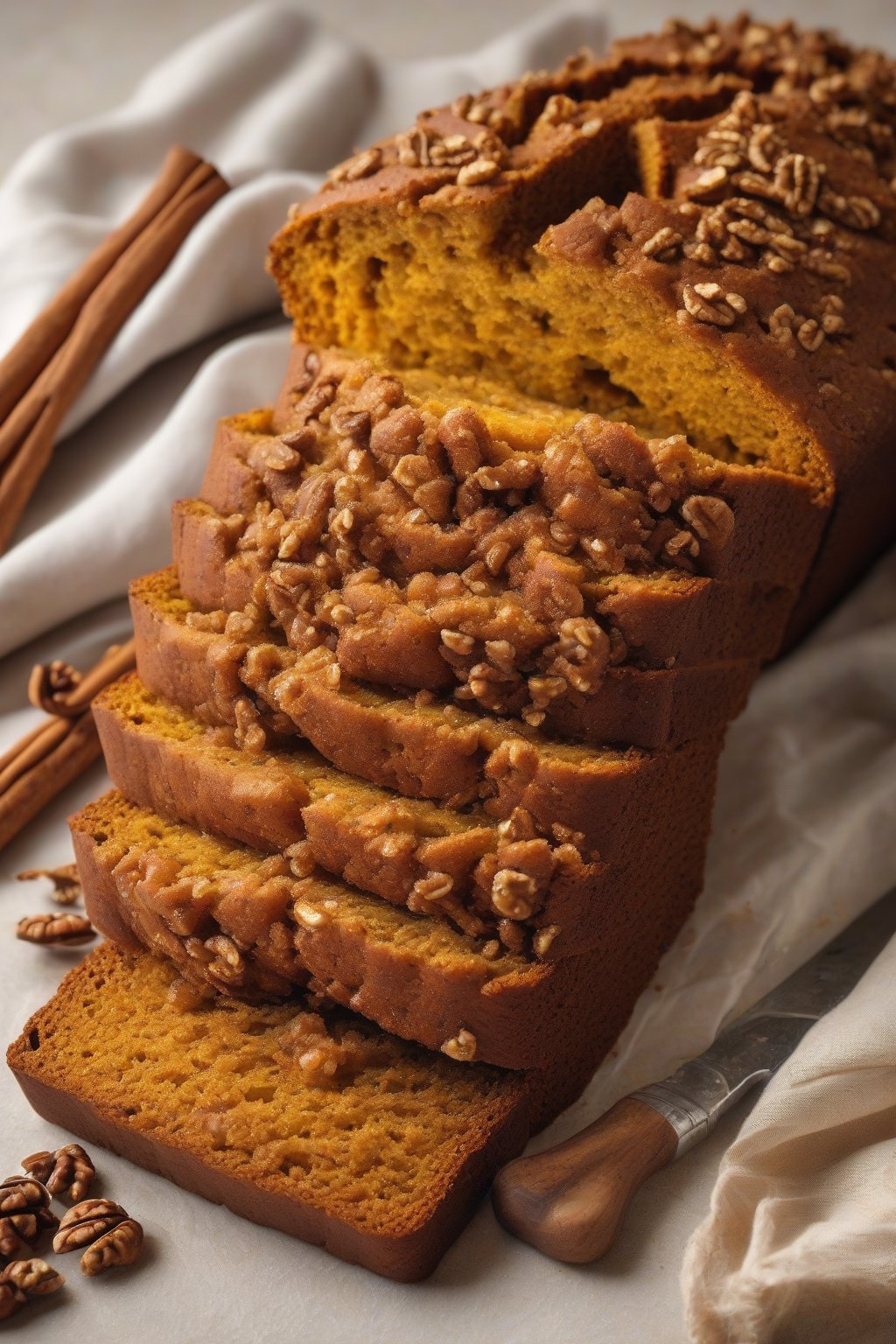 A high-resolution close-up photo of a sliced classic cinnamon-nutmeg pumpkin bread loaf revealing moist orange crumb with walnut flecks, under soft lighting.