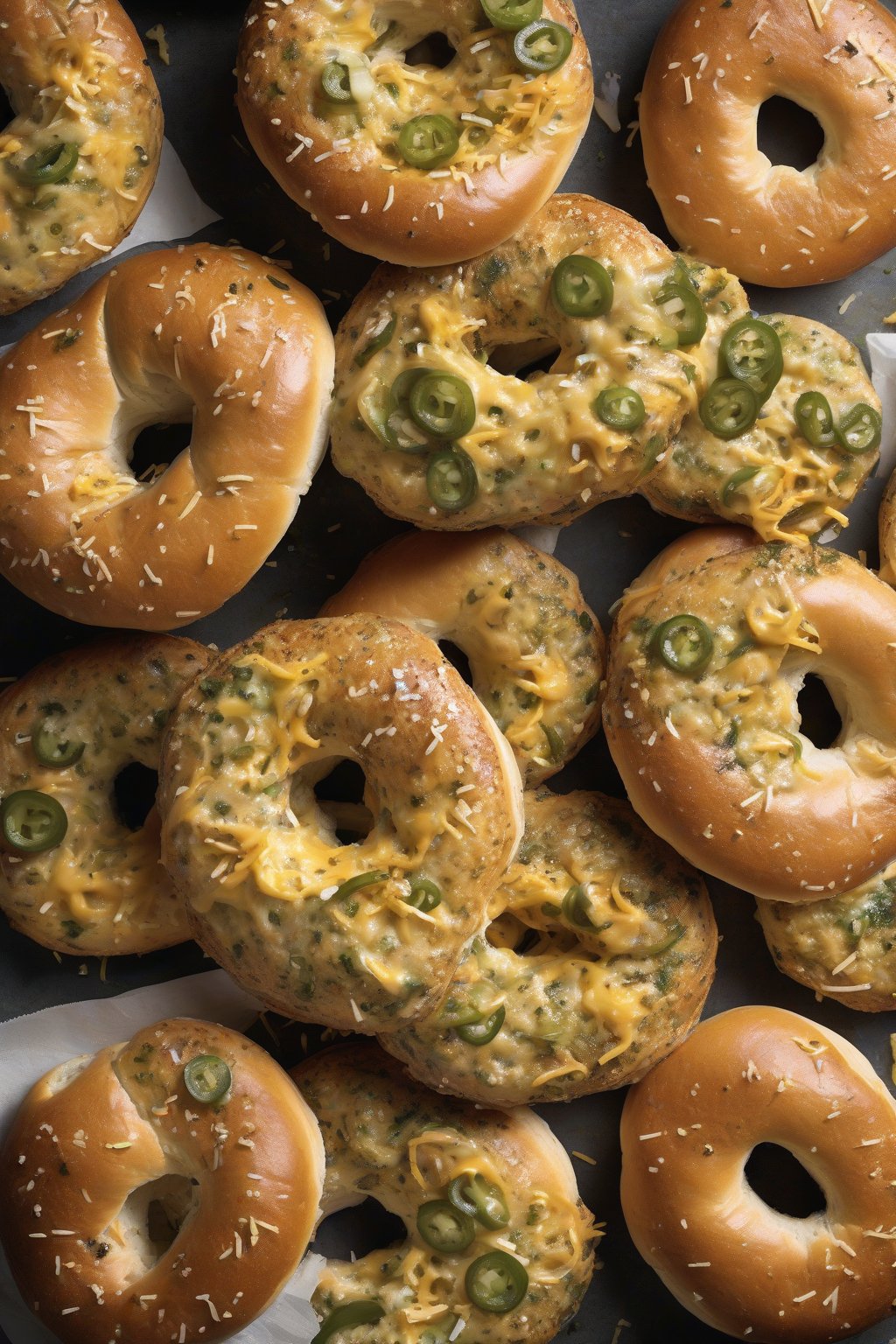A high-resolution photo of jalapeño cheddar bagels with green flecks and cheese pull under soft lighting.
