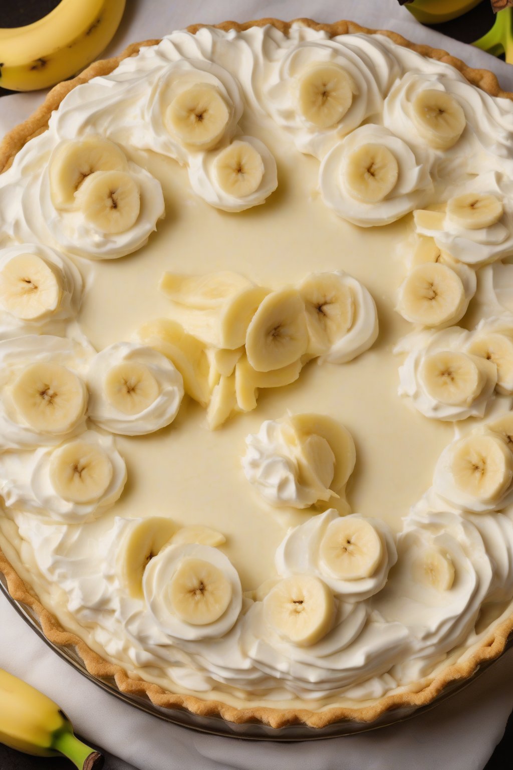 A high-resolution photo of a sliced classic vanilla custard banana cream pie revealing layers of bananas and cream, under soft lighting.