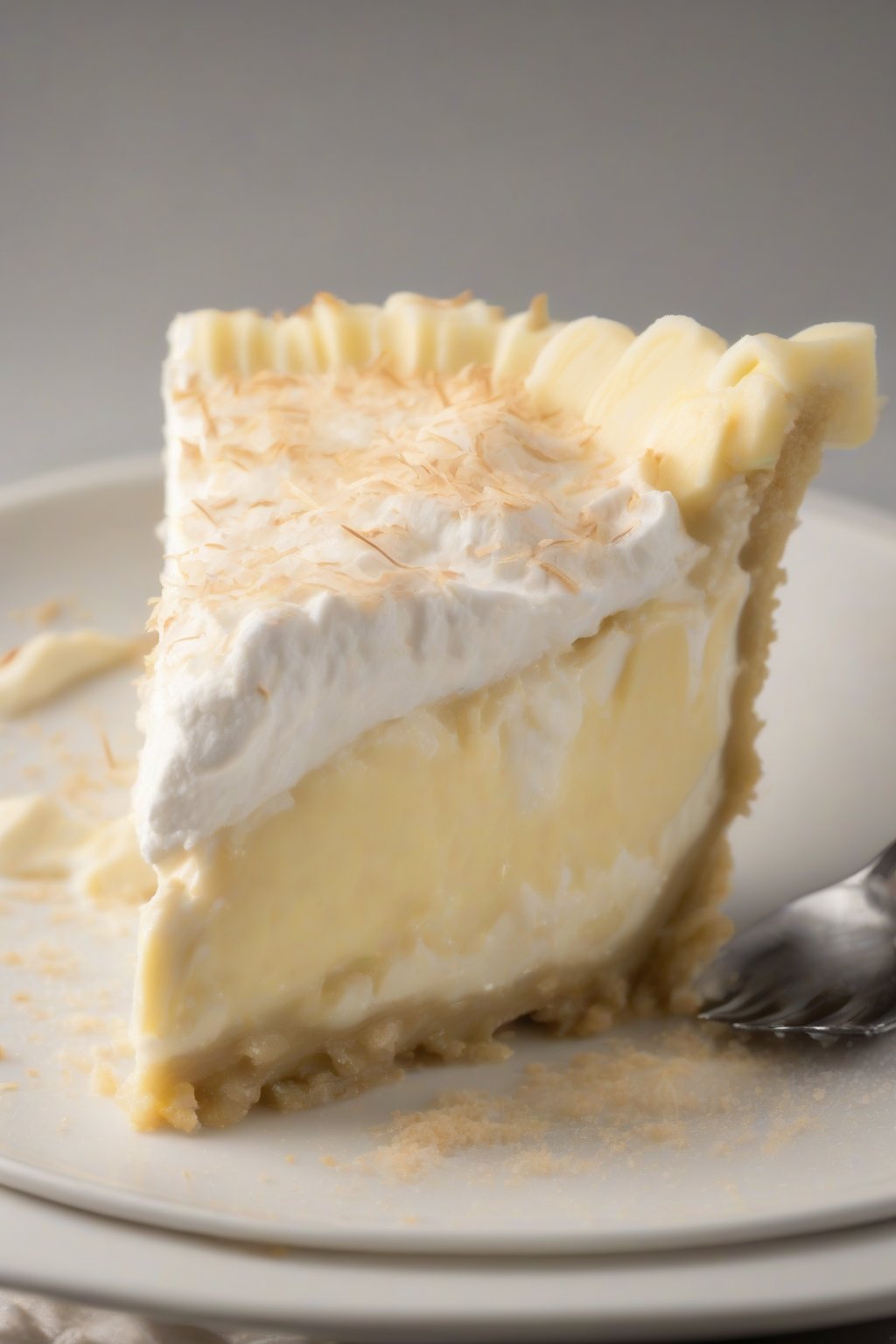 A high-resolution photo of a coconut-dusted chilled custard banana cream pie with visible banana layers, under soft lighting.
