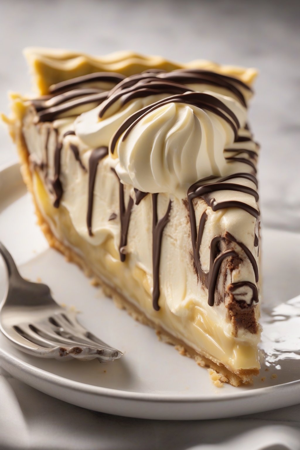 A high-resolution photo of a chocolate-swirled custard banana cream pie slice with oozing layers, under soft lighting.