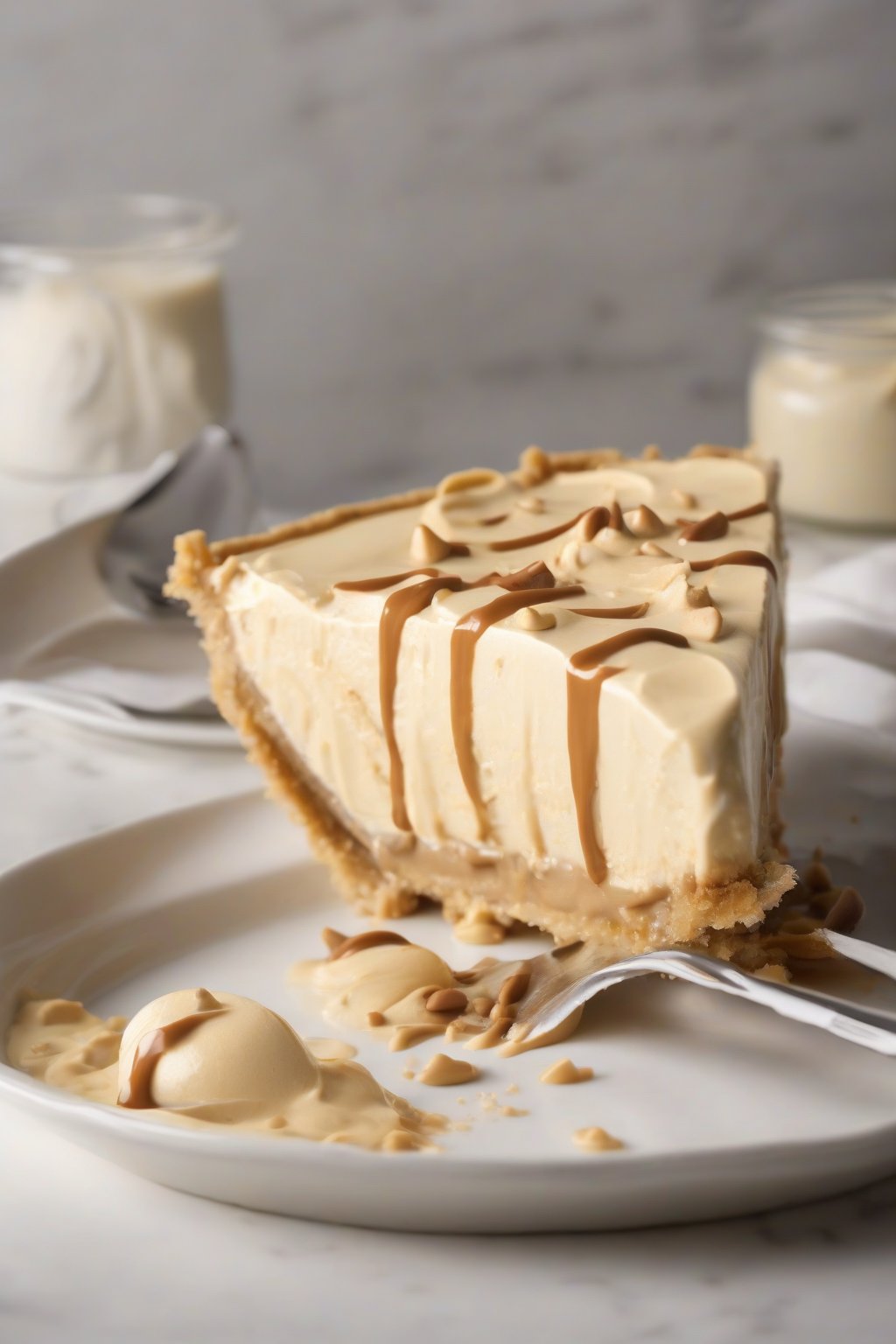 A high-resolution photo of a peanut butter layered chilled custard banana cream pie, dripping slightly, under soft lighting.