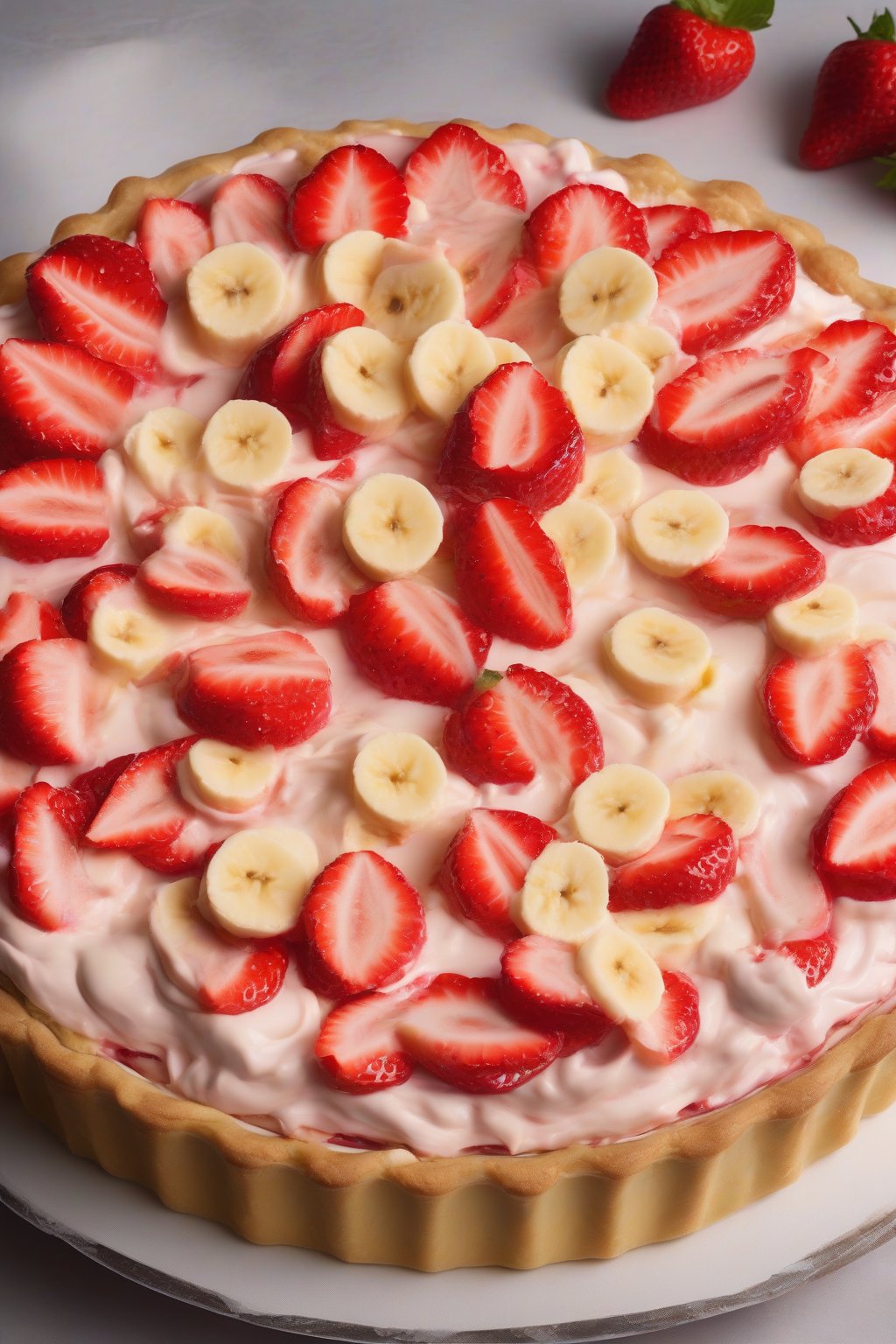 A high-resolution photo of a strawberry and banana layered custard cream pie, fresh and glossy, under soft lighting.
