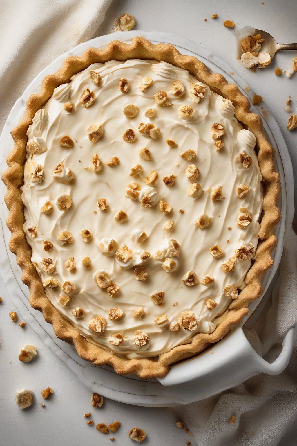 A high-resolution photo of a toffee crunch-topped custard banana cream pie with golden bits, under soft lighting.