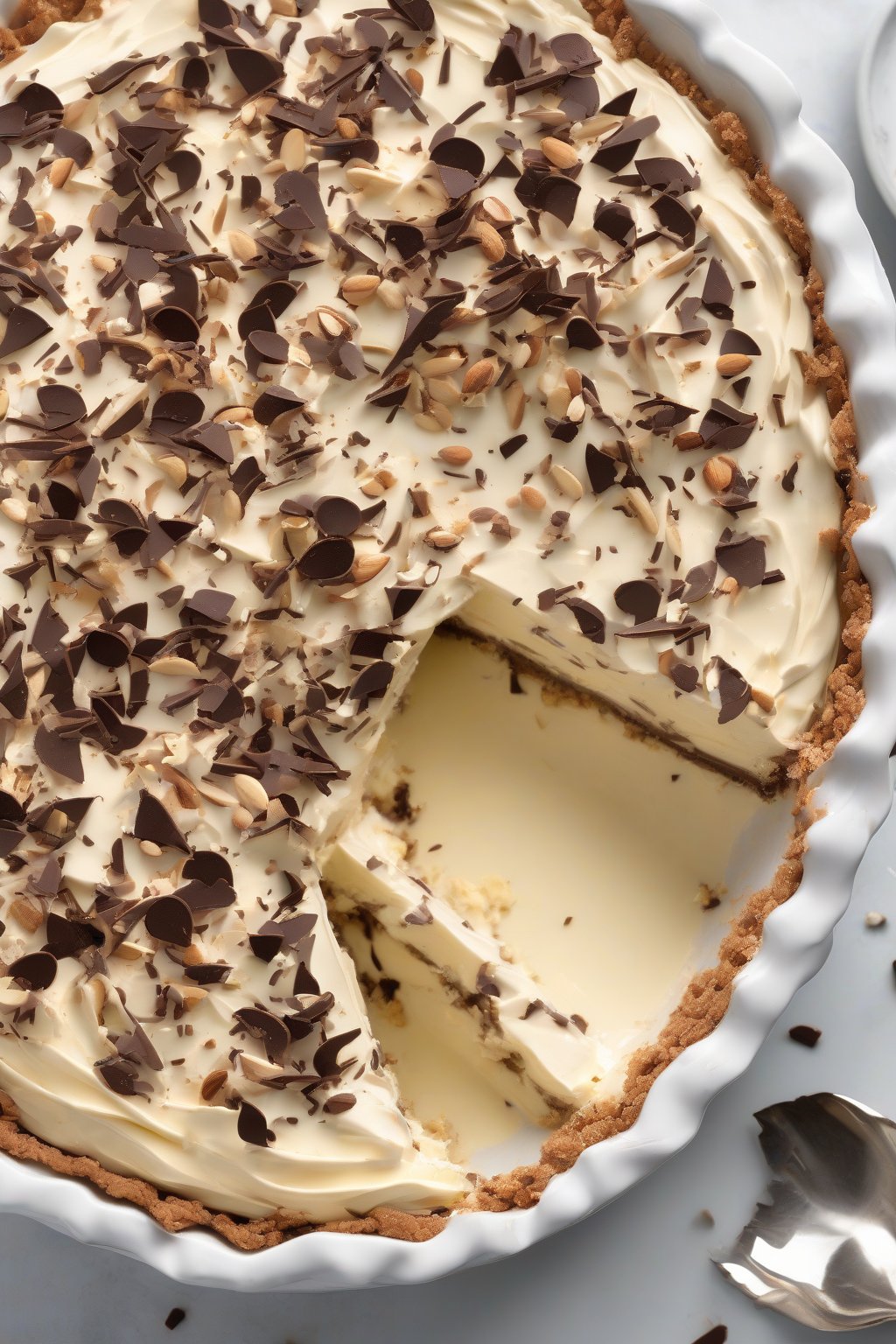 A high-resolution photo of an almond joy-style chilled custard banana cream pie with chocolate flecks, under soft lighting.