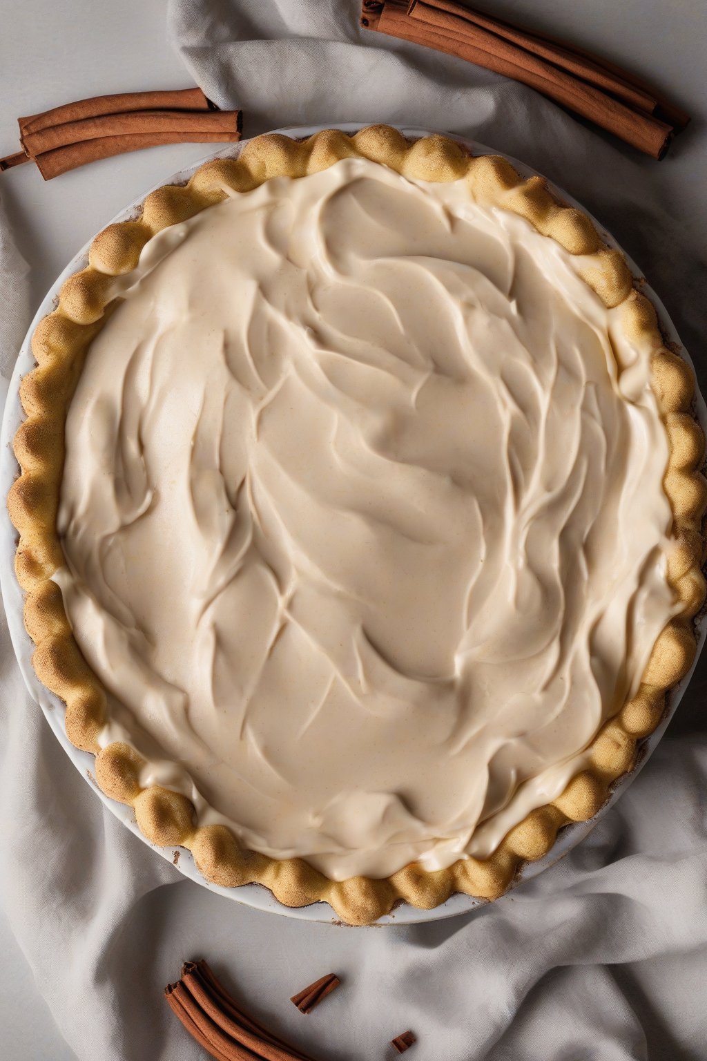 A high-resolution photo of a chai-spiced custard banana cream pie dusted with cinnamon, under soft lighting.