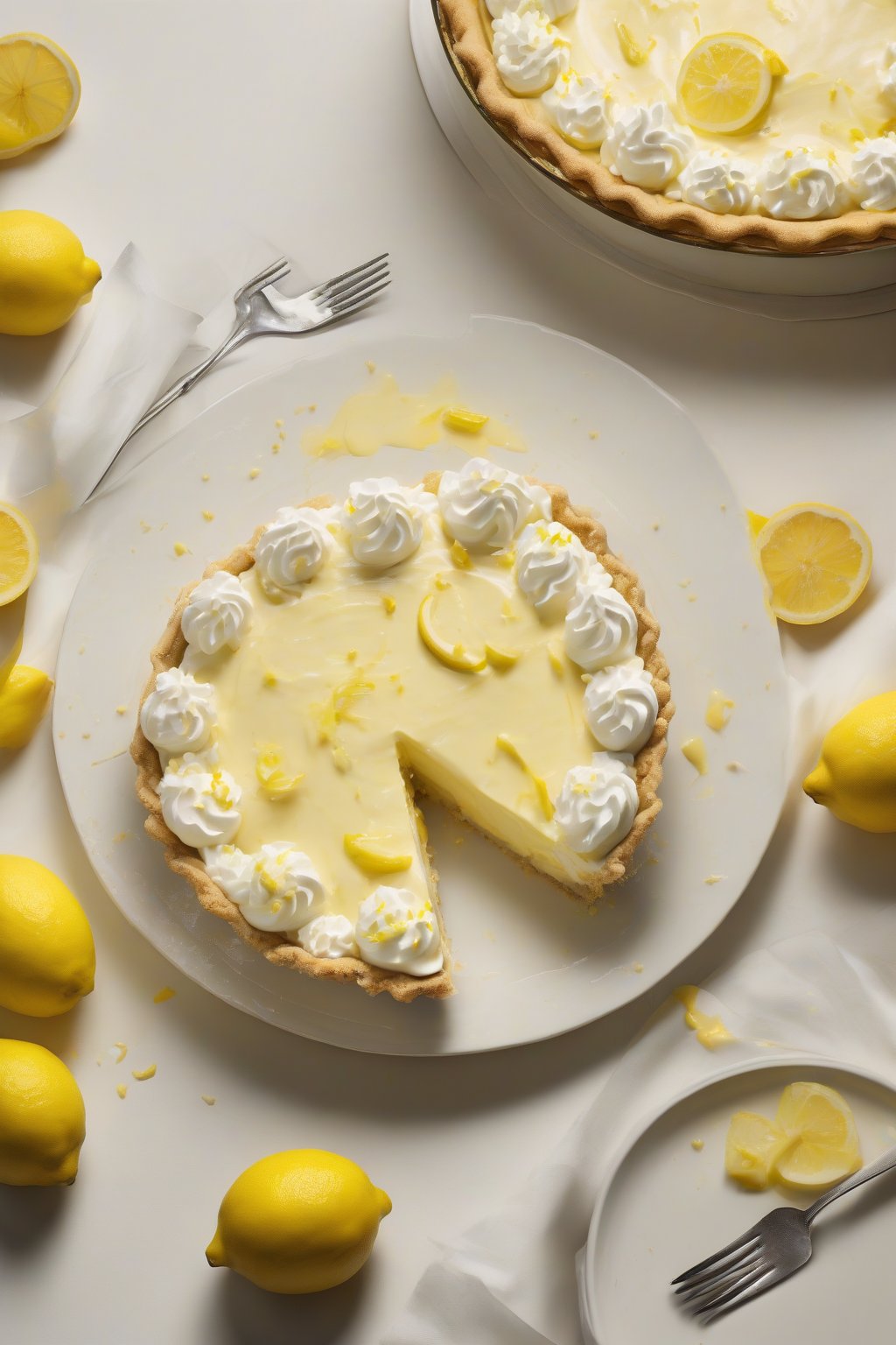 A high-resolution photo of a lemon-zested chilled custard banana cream pie with bright yellow accents, under soft lighting.