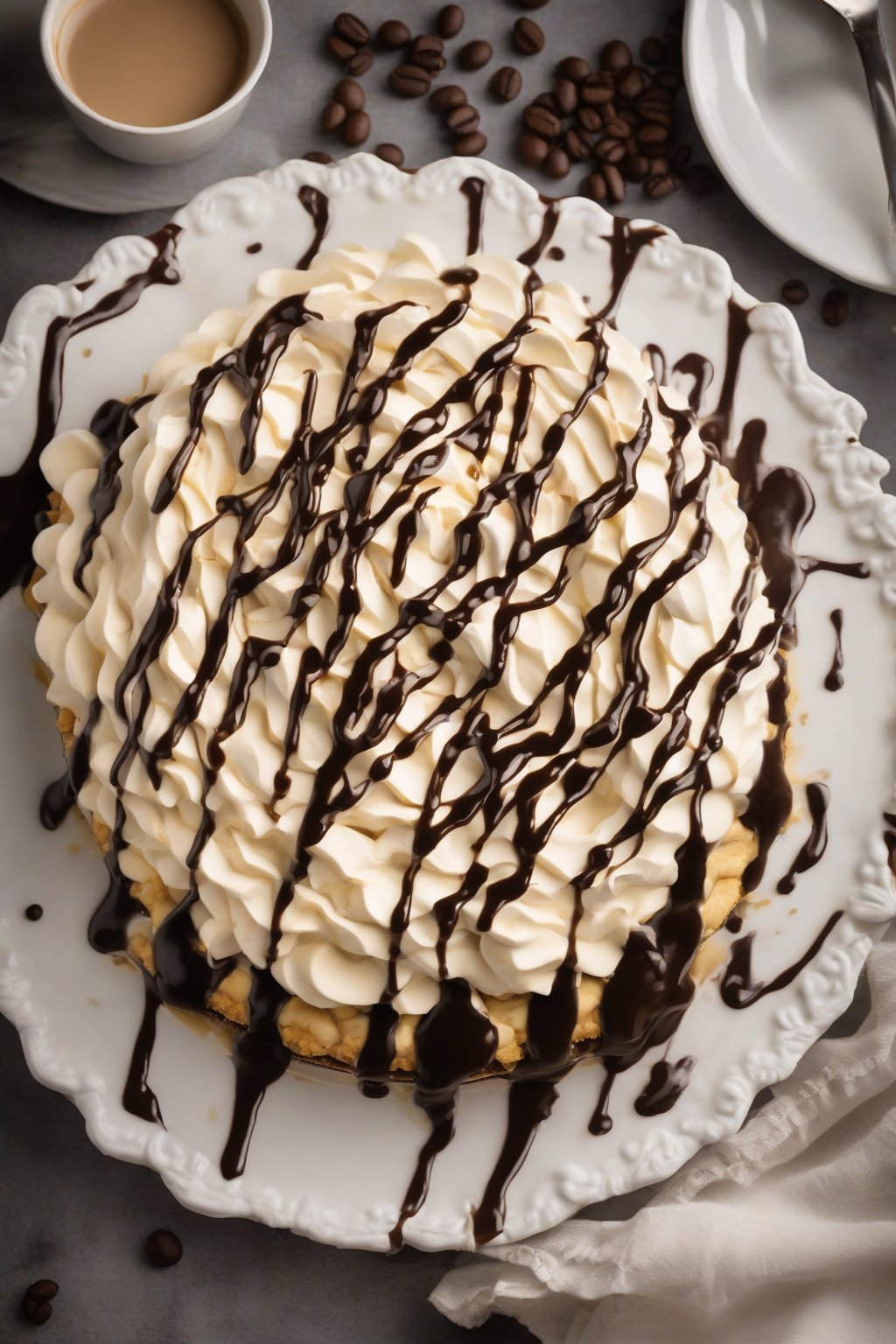 A high-resolution photo of a coffee liqueur custard banana cream pie with dark mocha drips, under soft lighting.