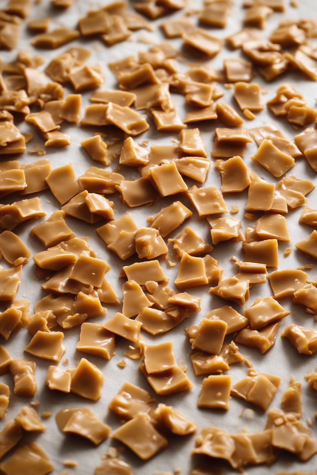 A close-up photo of golden chewy butter toffee pieces scattered on parchment paper under soft lighting.