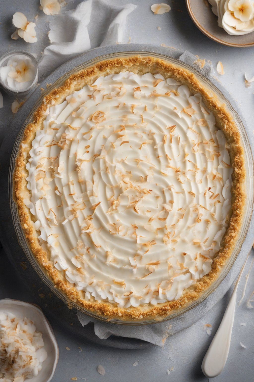 A high-resolution photo of a vegan chilled coconut custard banana cream pie, topped with coconut flakes, under soft lighting.