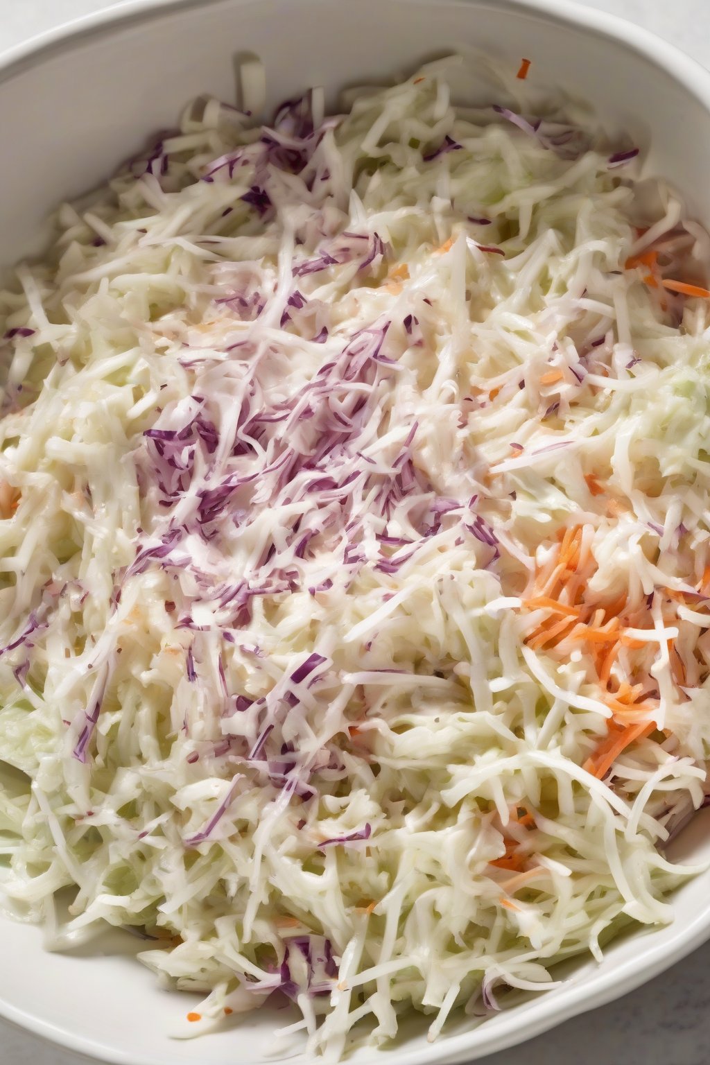 A high-resolution photo of a bowl of finely shredded classic KFC-style coleslaw glistening with creamy dressing under soft lighting.