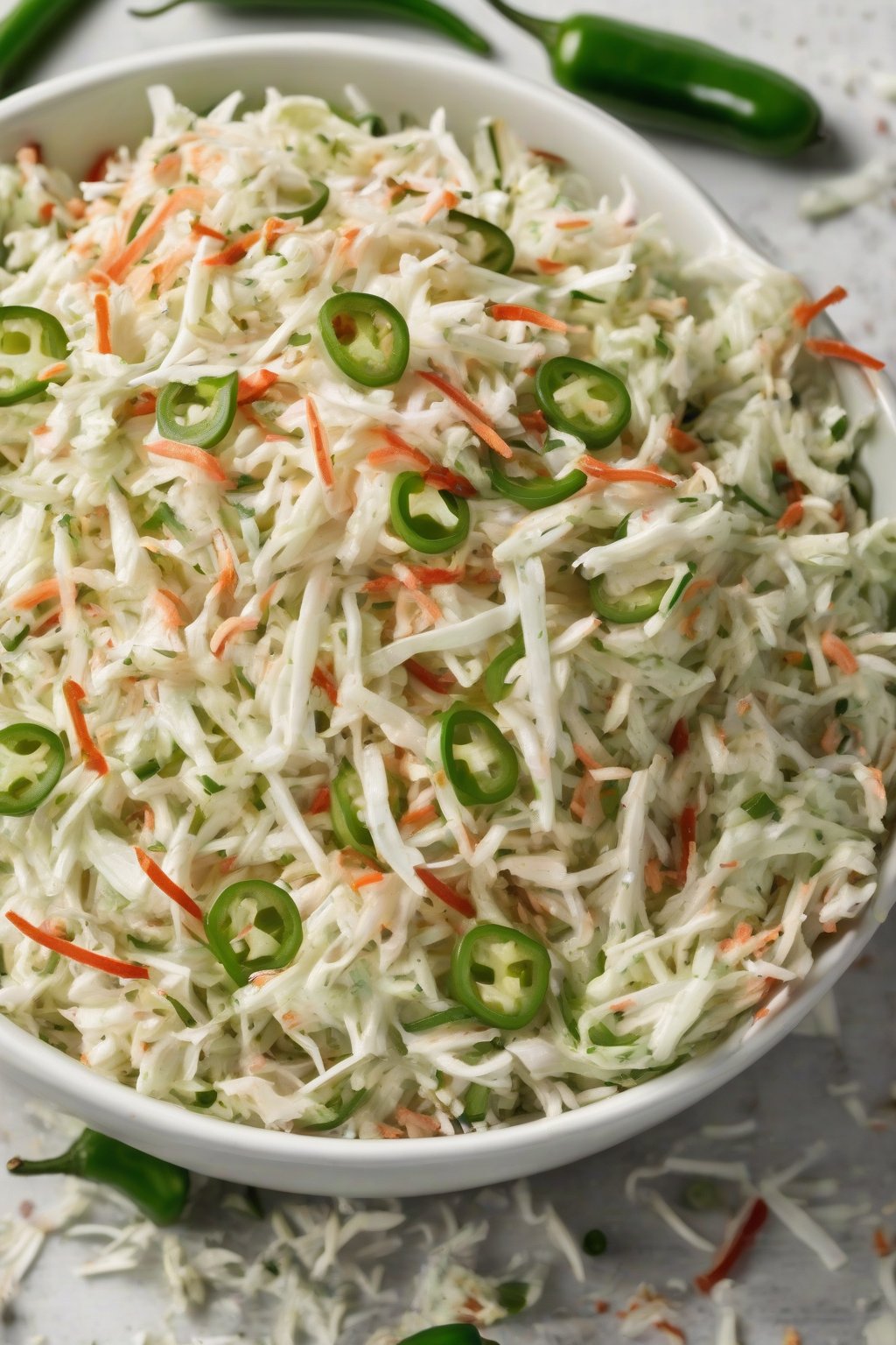 A high-resolution photo of vibrant spicy jalapeño KFC coleslaw with green flecks in a white bowl under soft lighting.