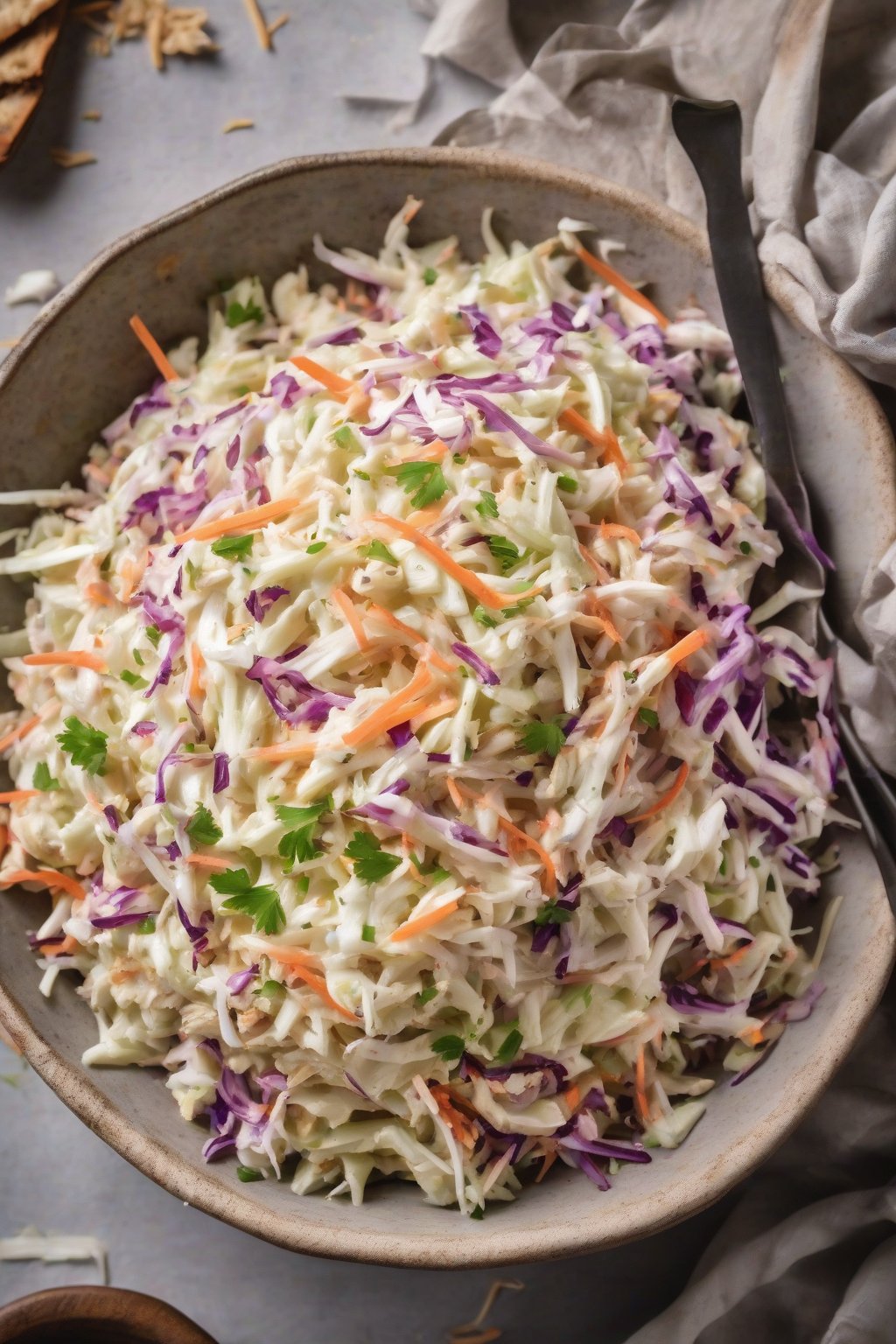 A high-resolution photo of creamy vegan coconut KFC coleslaw piled high in a rustic bowl under soft lighting.