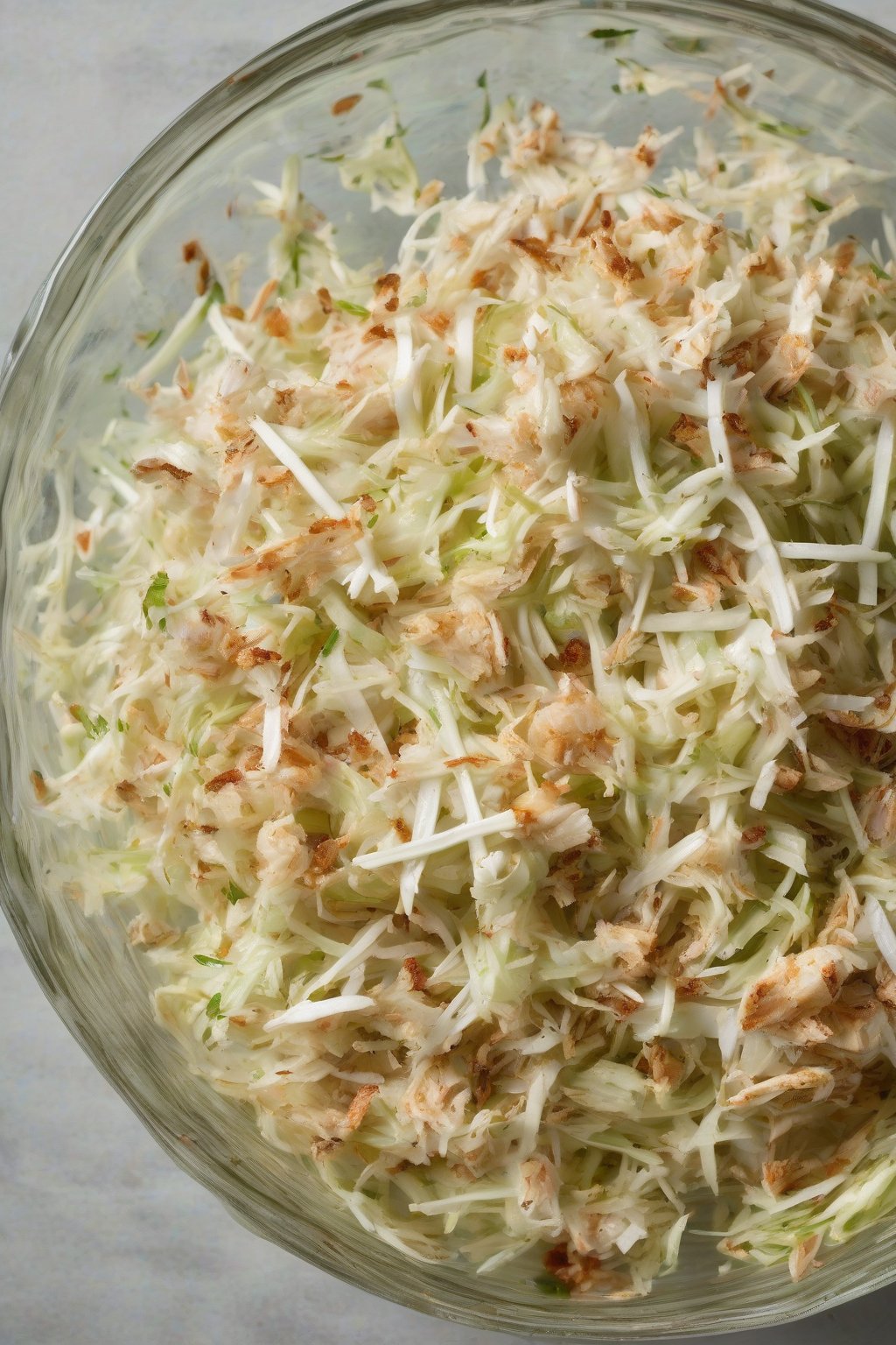 A high-resolution photo of apple-flecked crunchy KFC coleslaw in a glass dish under soft lighting.