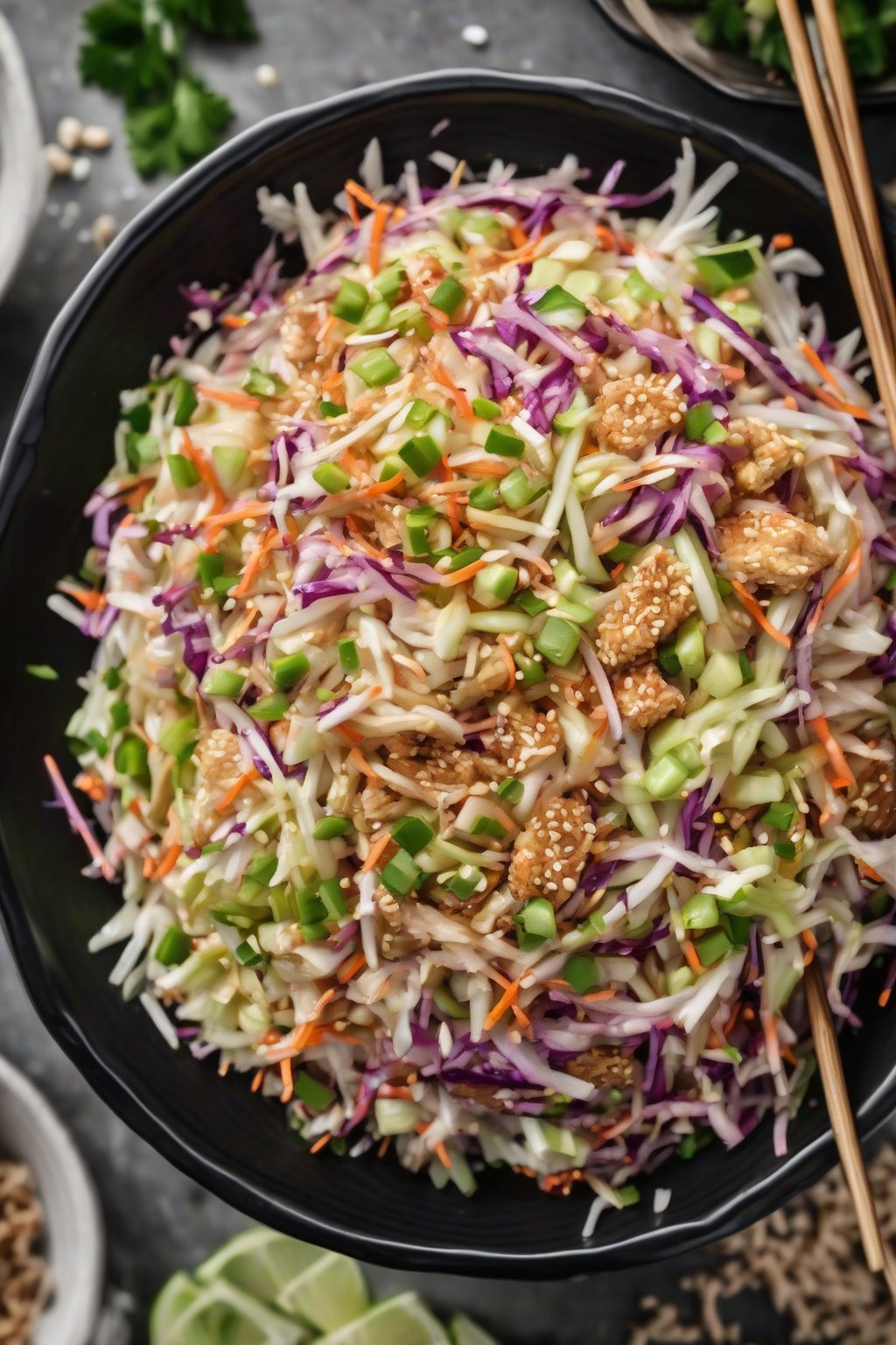 A high-resolution photo of sesame-studded Asian KFC slaw in a black bowl under soft lighting.