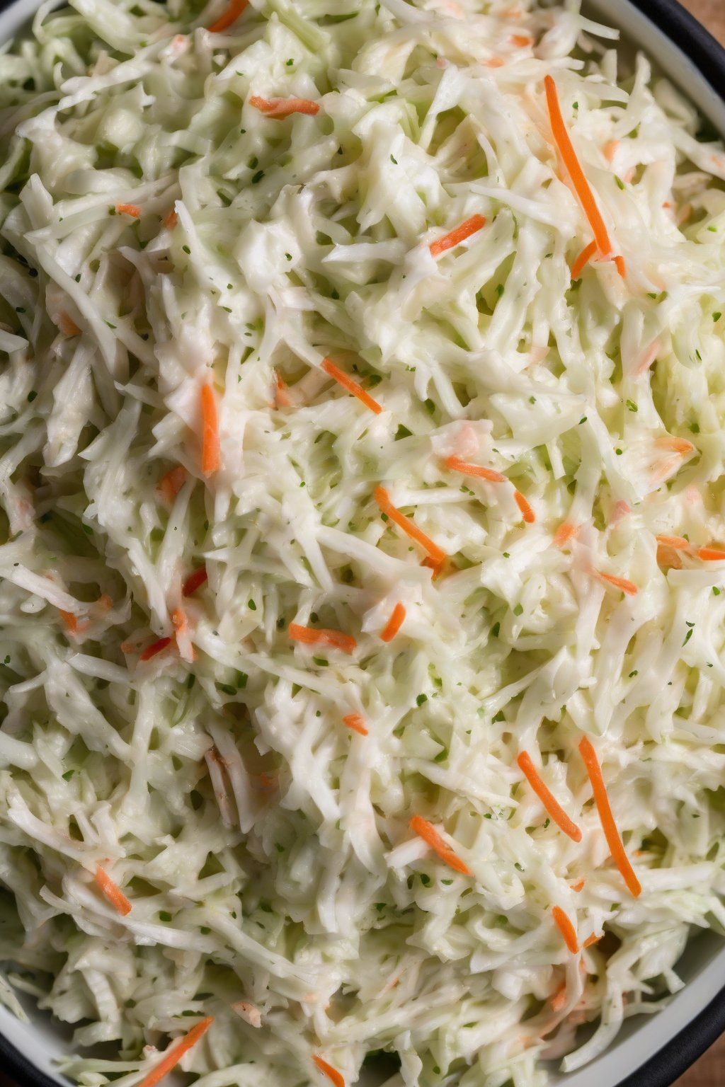 A high-resolution photo of fluffy buttermilk KFC coleslaw with pepper flecks under soft lighting.