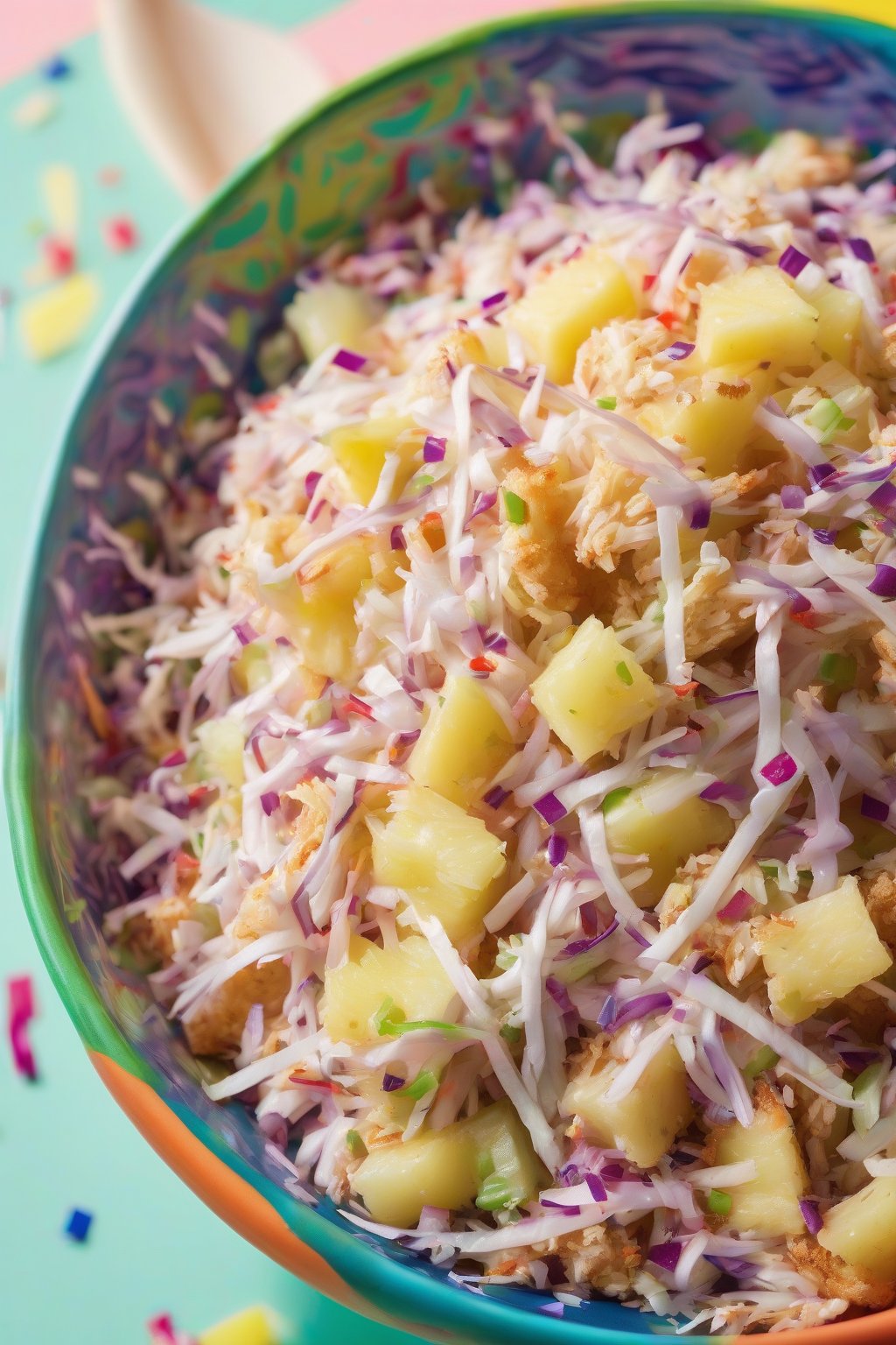 A high-resolution photo of pineapple-dotted crunchy KFC slaw in a colorful bowl under soft lighting.