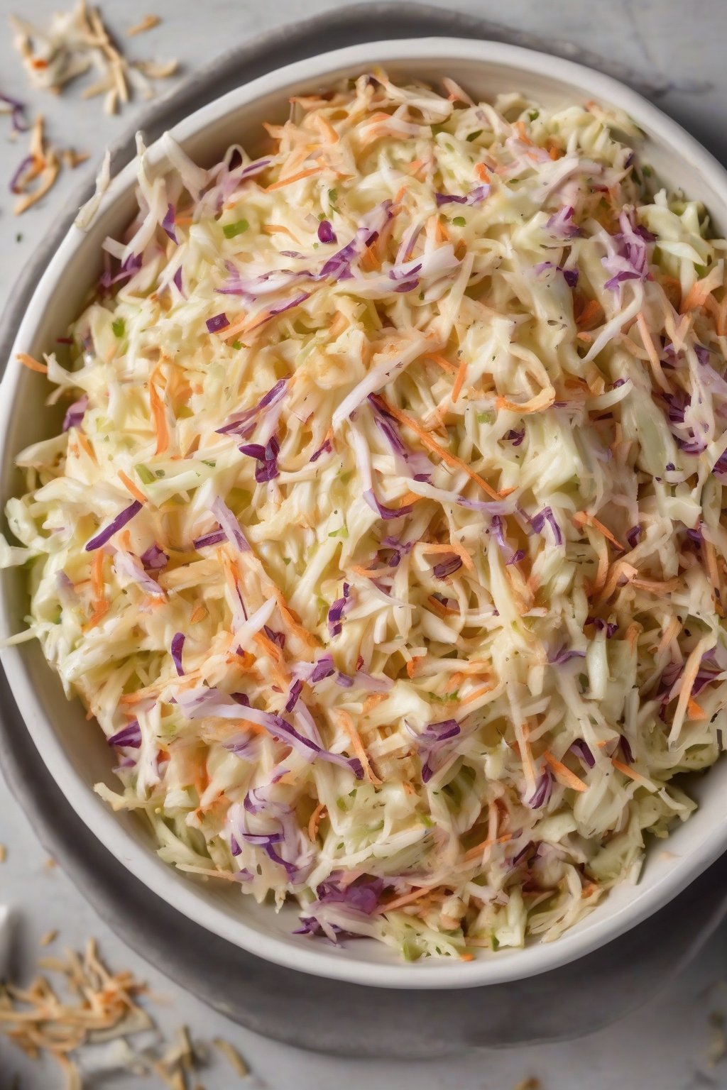 A high-resolution photo of golden keto KFC coleslaw in a low bowl under soft lighting.