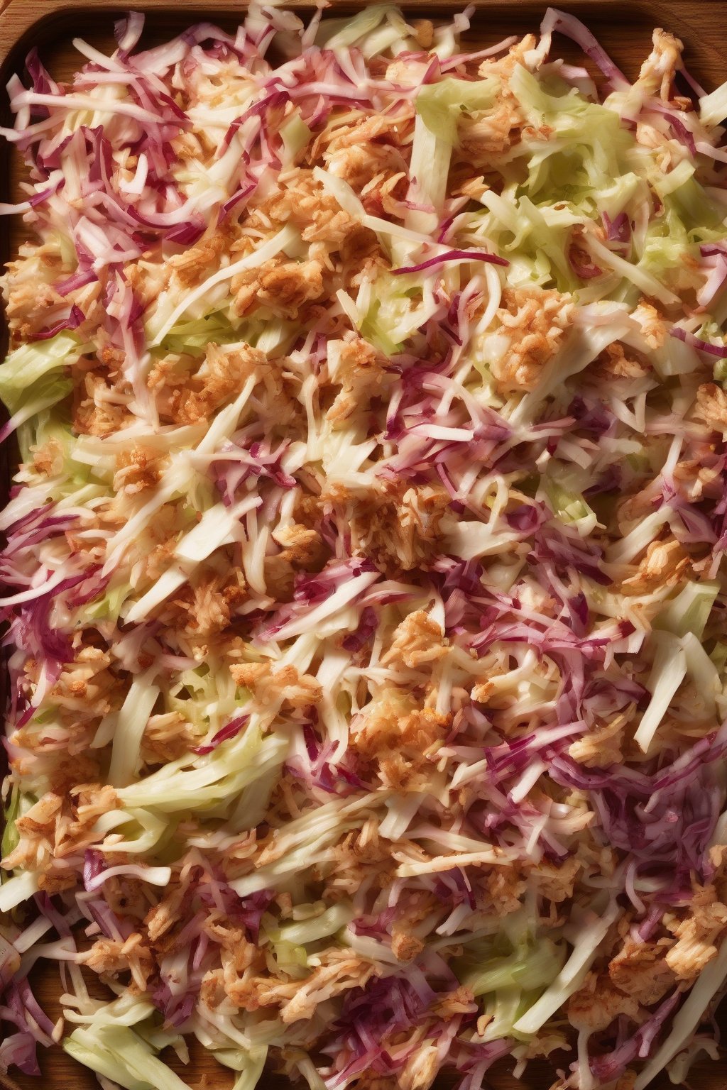 A high-resolution photo of smoky red-flecked KFC slaw on a wooden board under soft lighting.