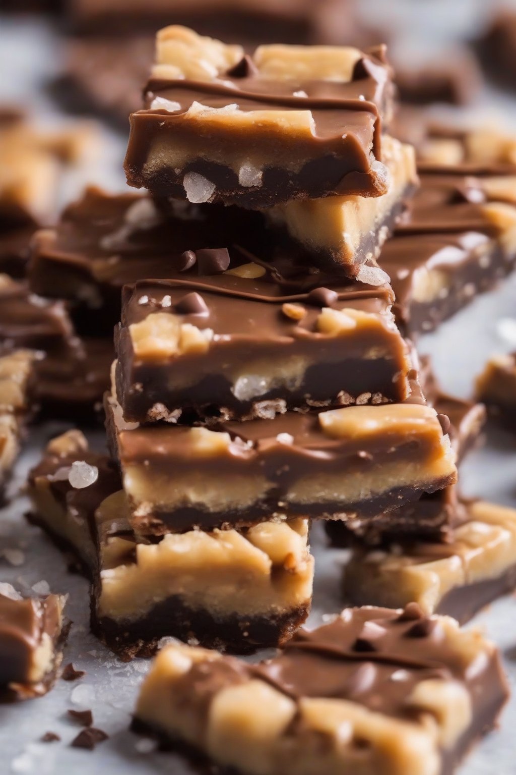 A close-up photo of chocolate-dipped chewy butter toffee bars with flaky salt under soft lighting.