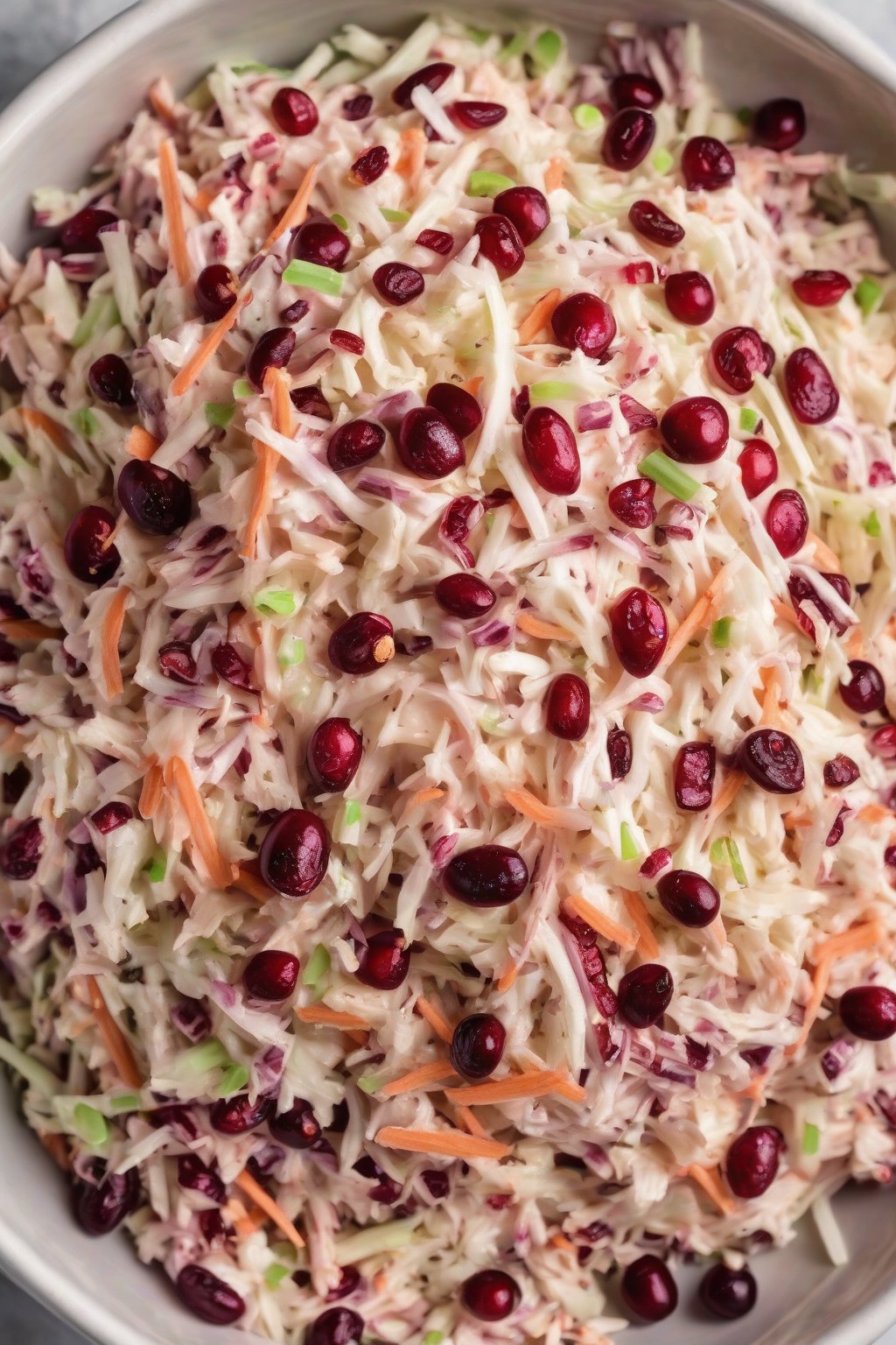 A high-resolution photo of cranberry-studded festive KFC coleslaw in a holiday bowl under soft lighting.