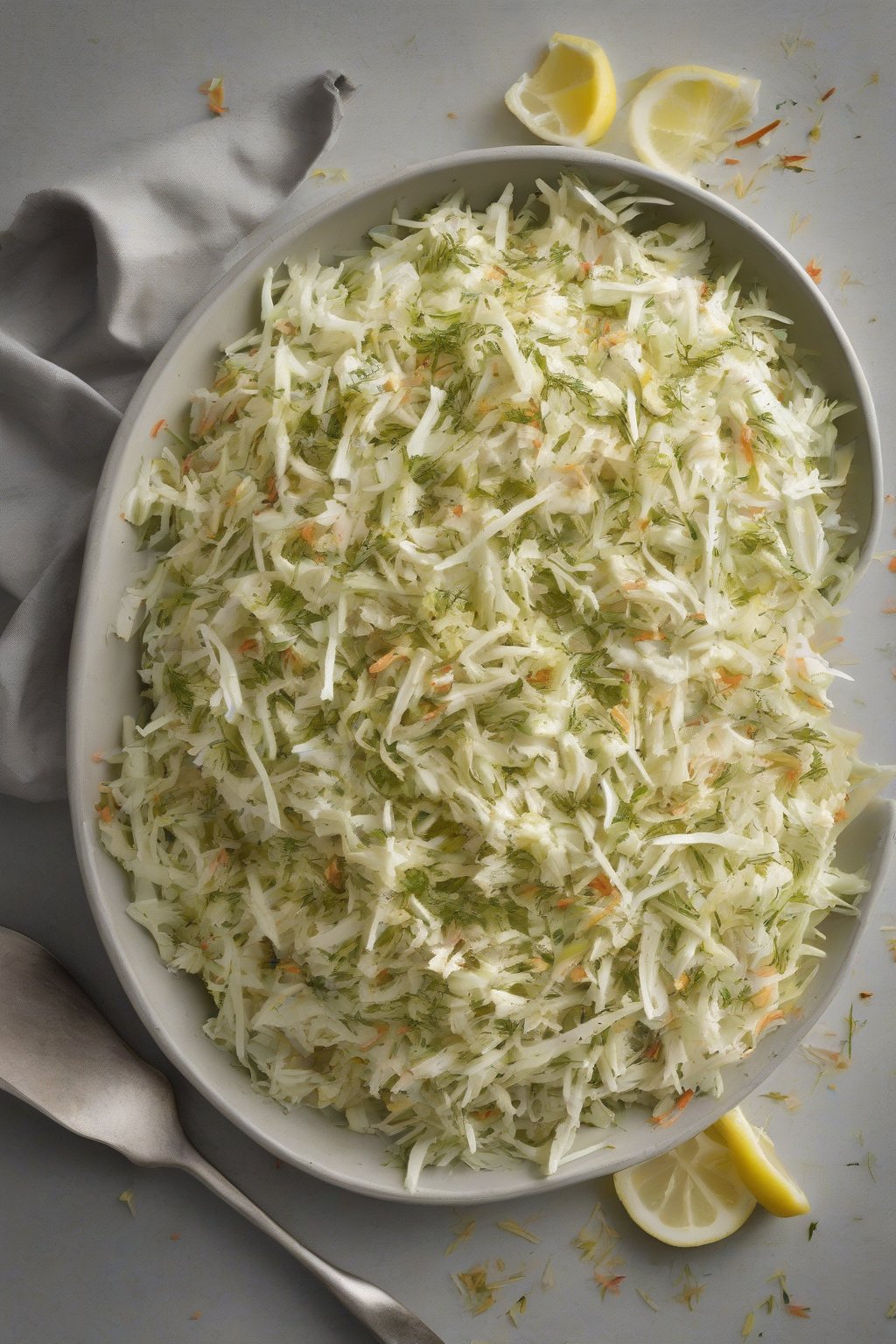 A high-resolution photo of herb-flecked dill KFC coleslaw with lemon zest under soft lighting.