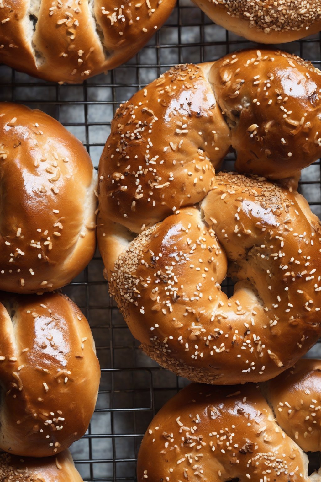 A high-resolution close-up photo of golden brown classic New York-style bagels with a glossy crust on a cooling rack under soft lighting.