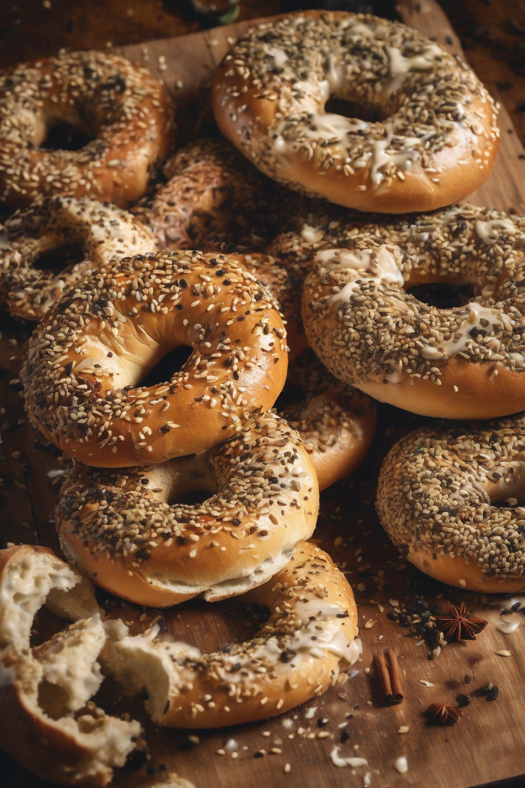A high-resolution close-up photo of everything bagels topped with seeds and spices, steam rising, on a rustic wooden board under soft lighting.
