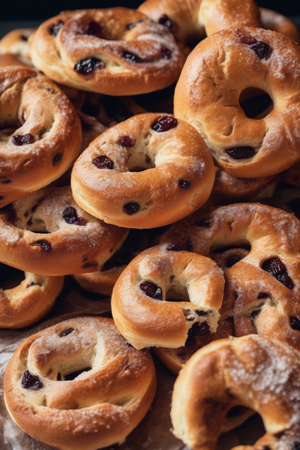 A high-resolution close-up photo of sliced cinnamon raisin bagels revealing fruity swirls, dusted with cinnamon, under soft lighting.