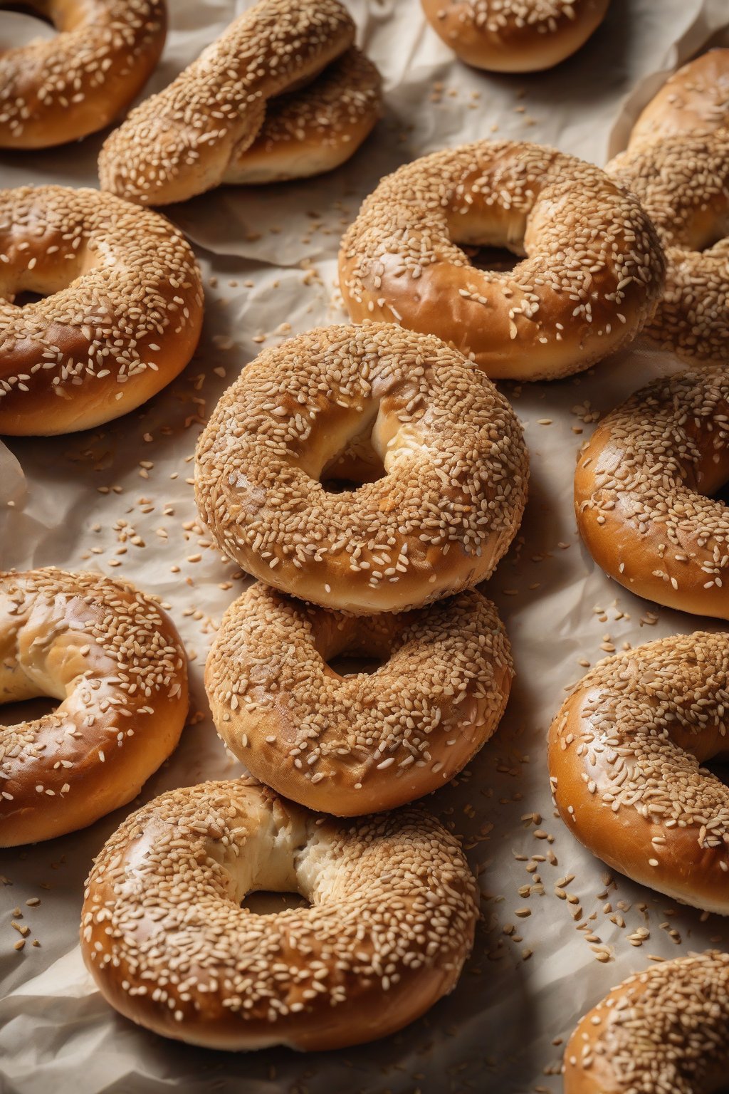 A high-resolution close-up photo of sesame seed-crusted bagels with shiny exteriors, sesame spilling over, on parchment paper under soft lighting.