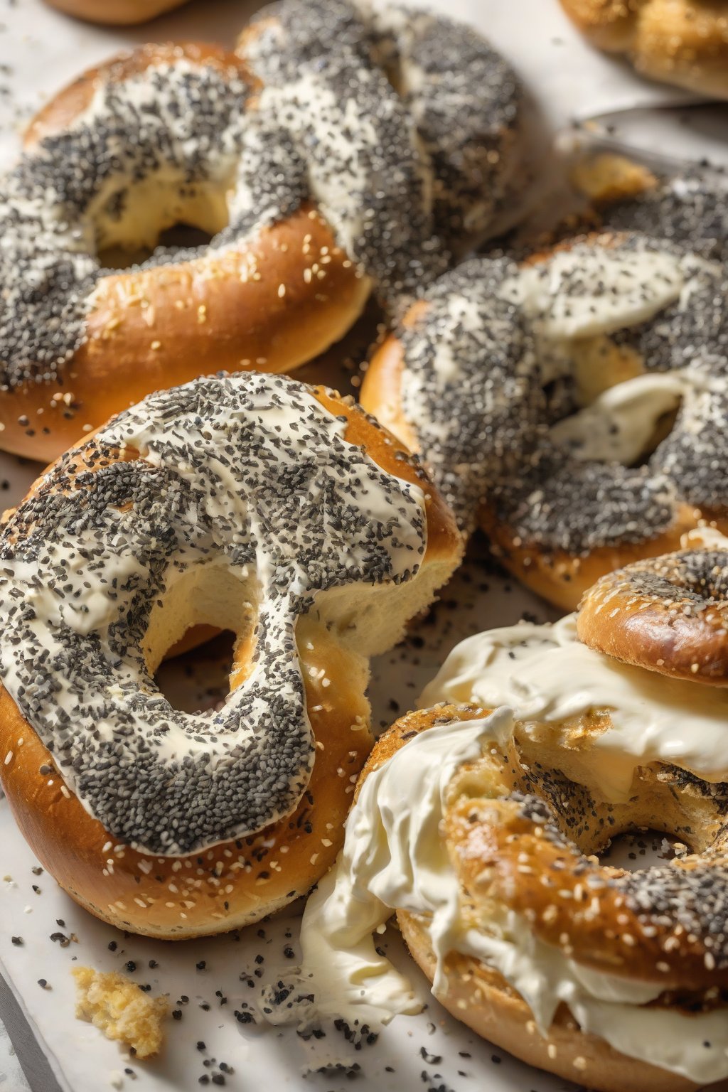 A high-resolution close-up photo of poppy seed bagels with dense black specks on a golden crust, beside a schmear of cream cheese under soft lighting.