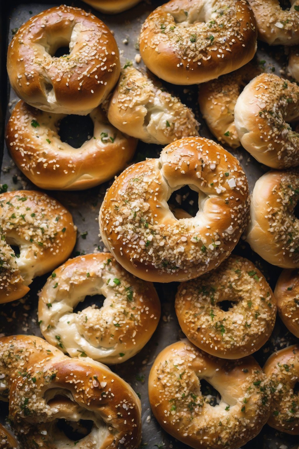 A high-resolution close-up photo of garlic bagels with flaky minced garlic bits, aromatic steam visible, on a baking sheet under soft lighting.