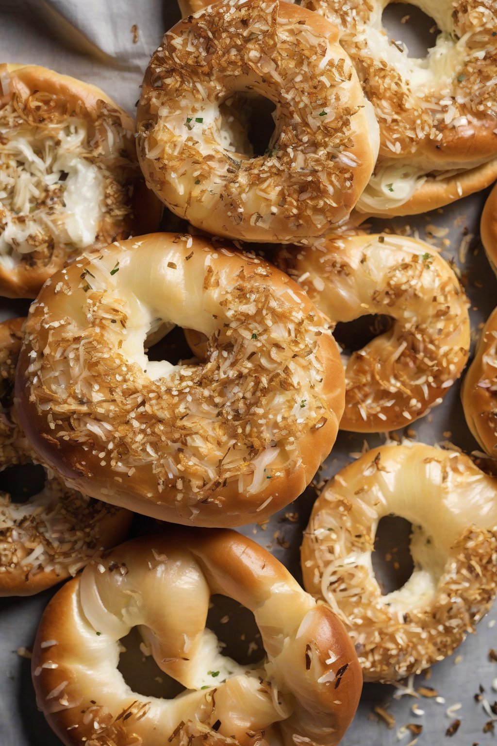 A high-resolution close-up photo of onion bagels topped with golden flakes, one split open showing chewiness, under soft lighting.
