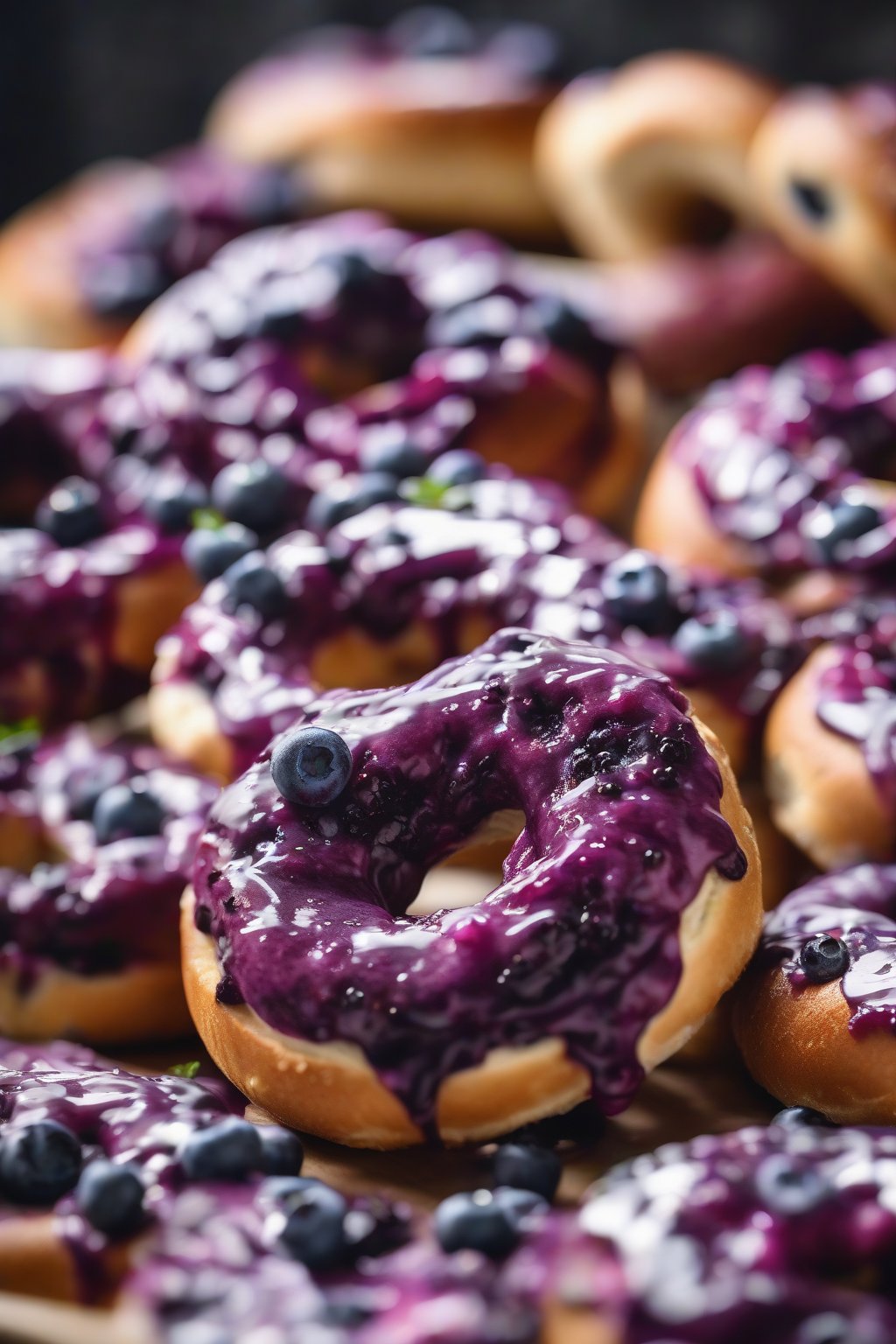 A high-resolution close-up photo of blueberry bagels with purple-speckled interiors peeking out, fresh and fruity, under soft lighting.