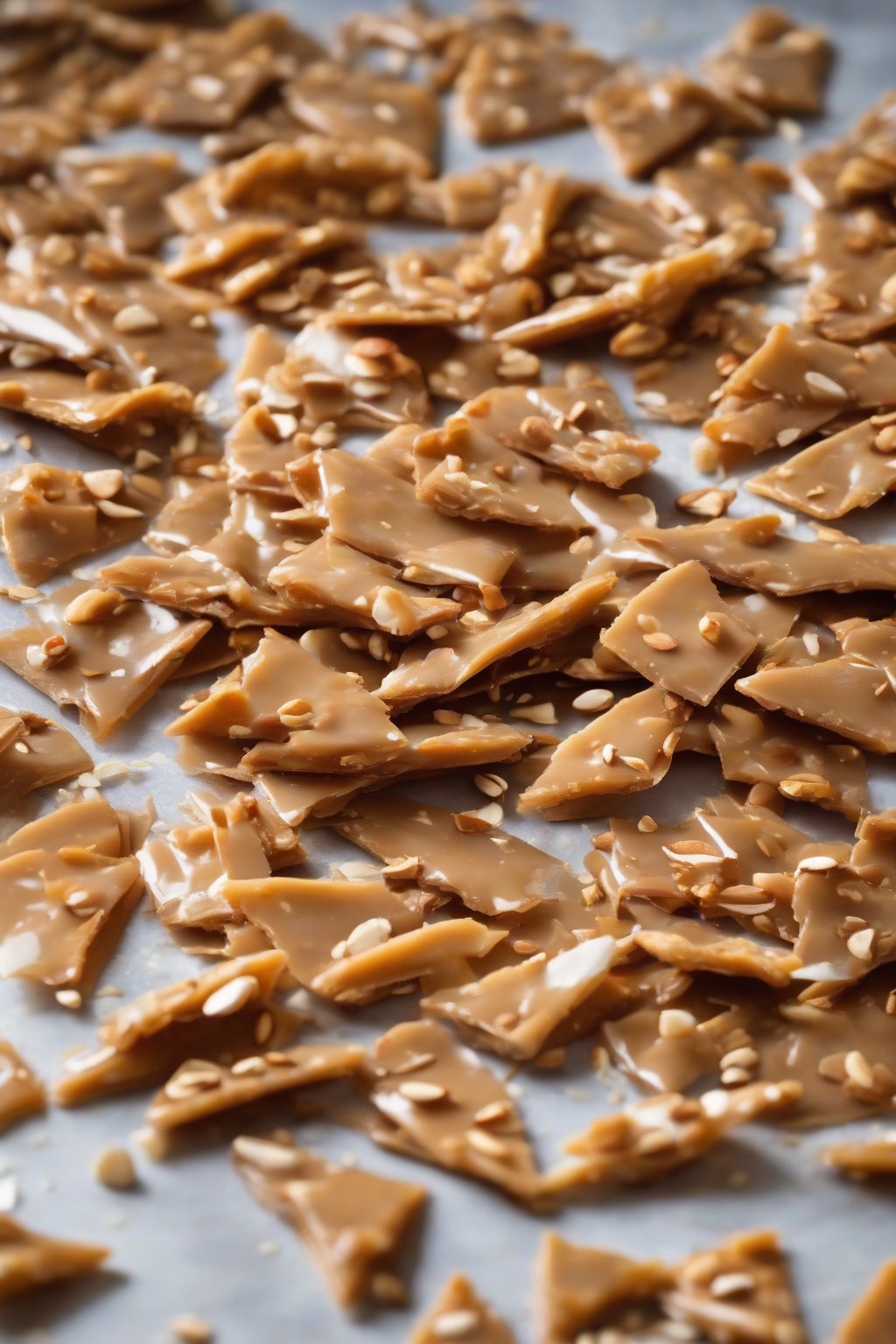 A close-up photo of almond-studded chewy butter toffee shards under soft lighting.